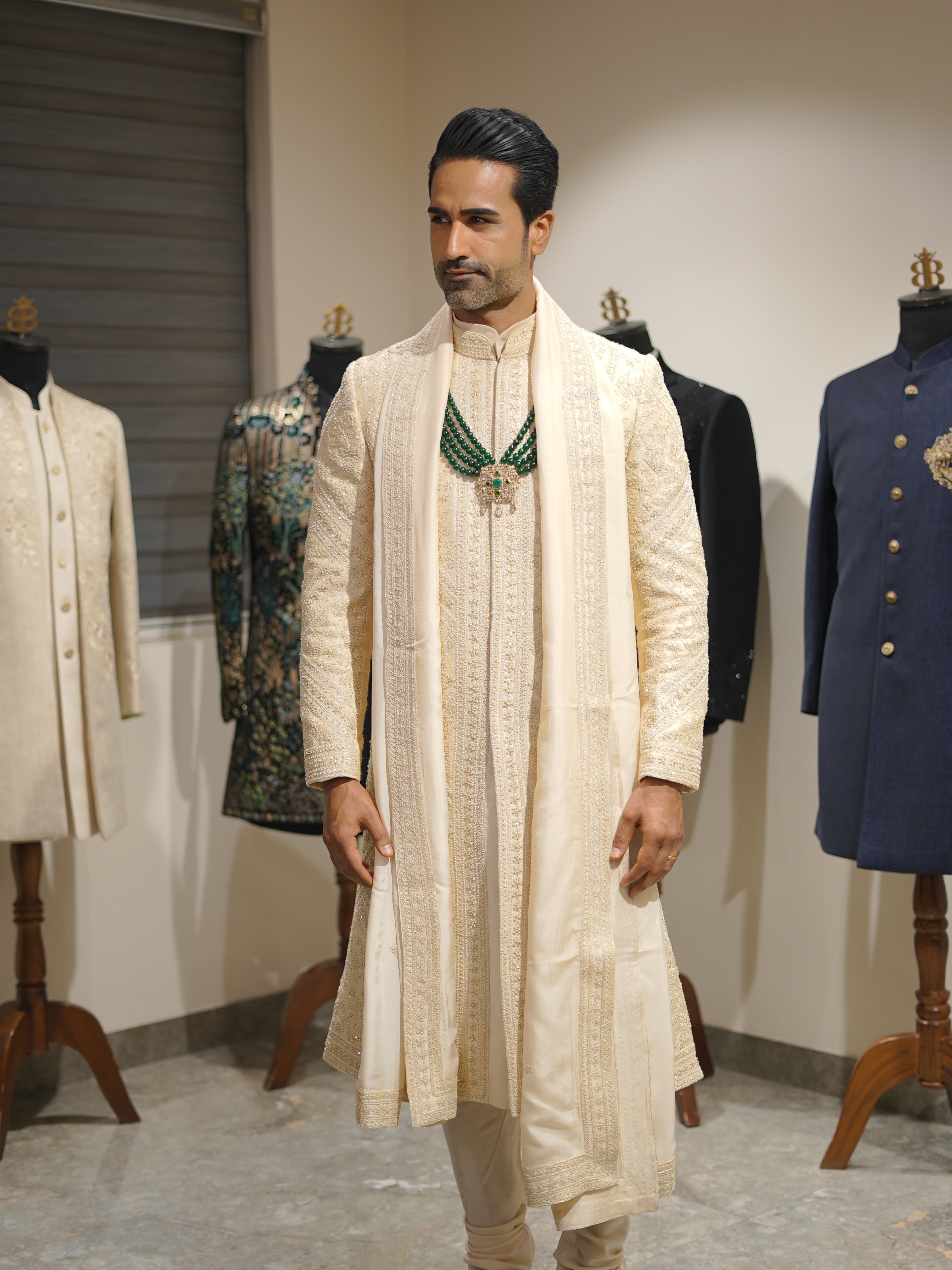 Beige Pure Raw Silk Sherwani with stole