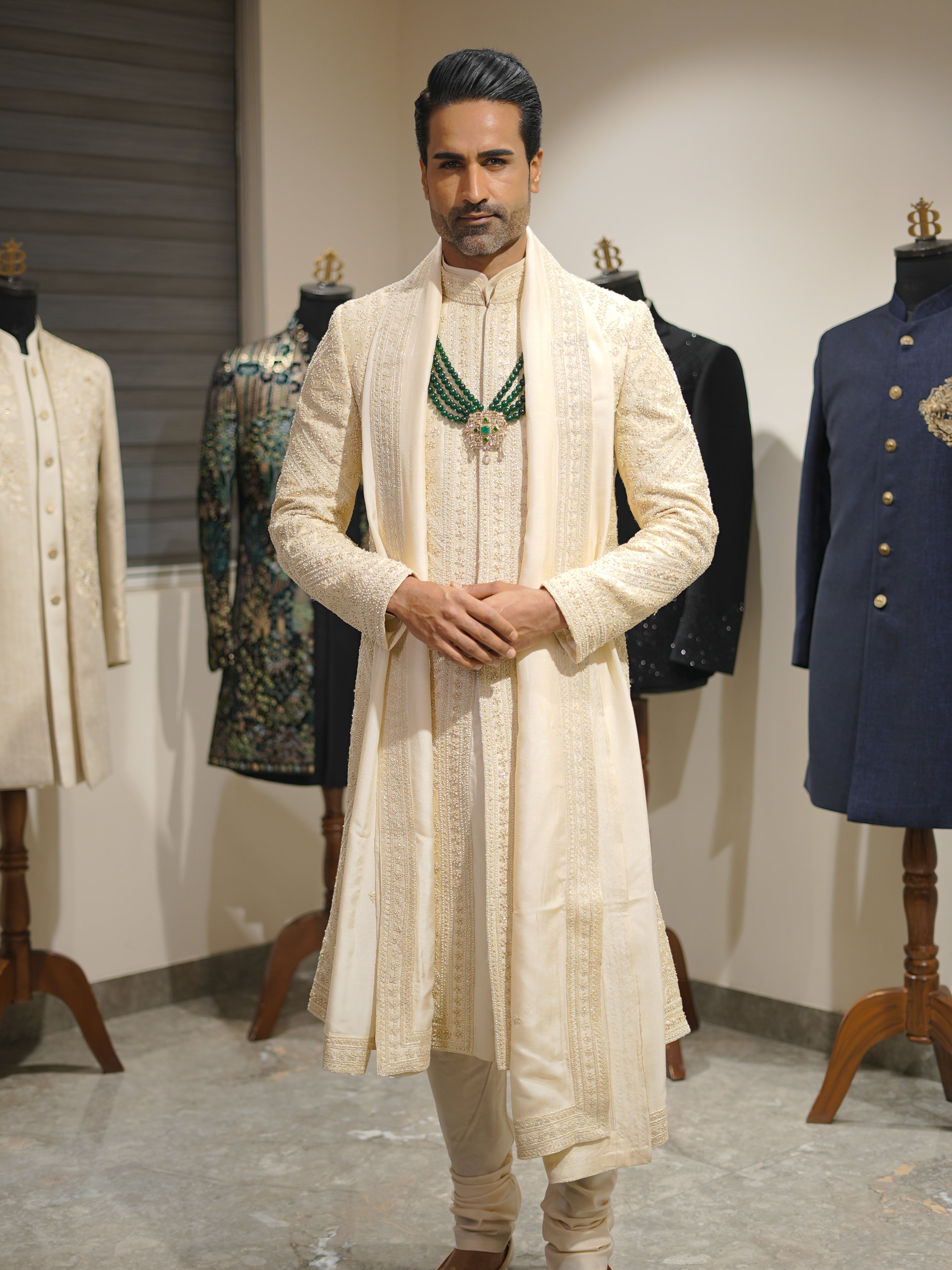 Beige Pure Raw Silk Sherwani with stole