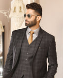 Black Self Checked Single-Breasted-5 Piece Suit