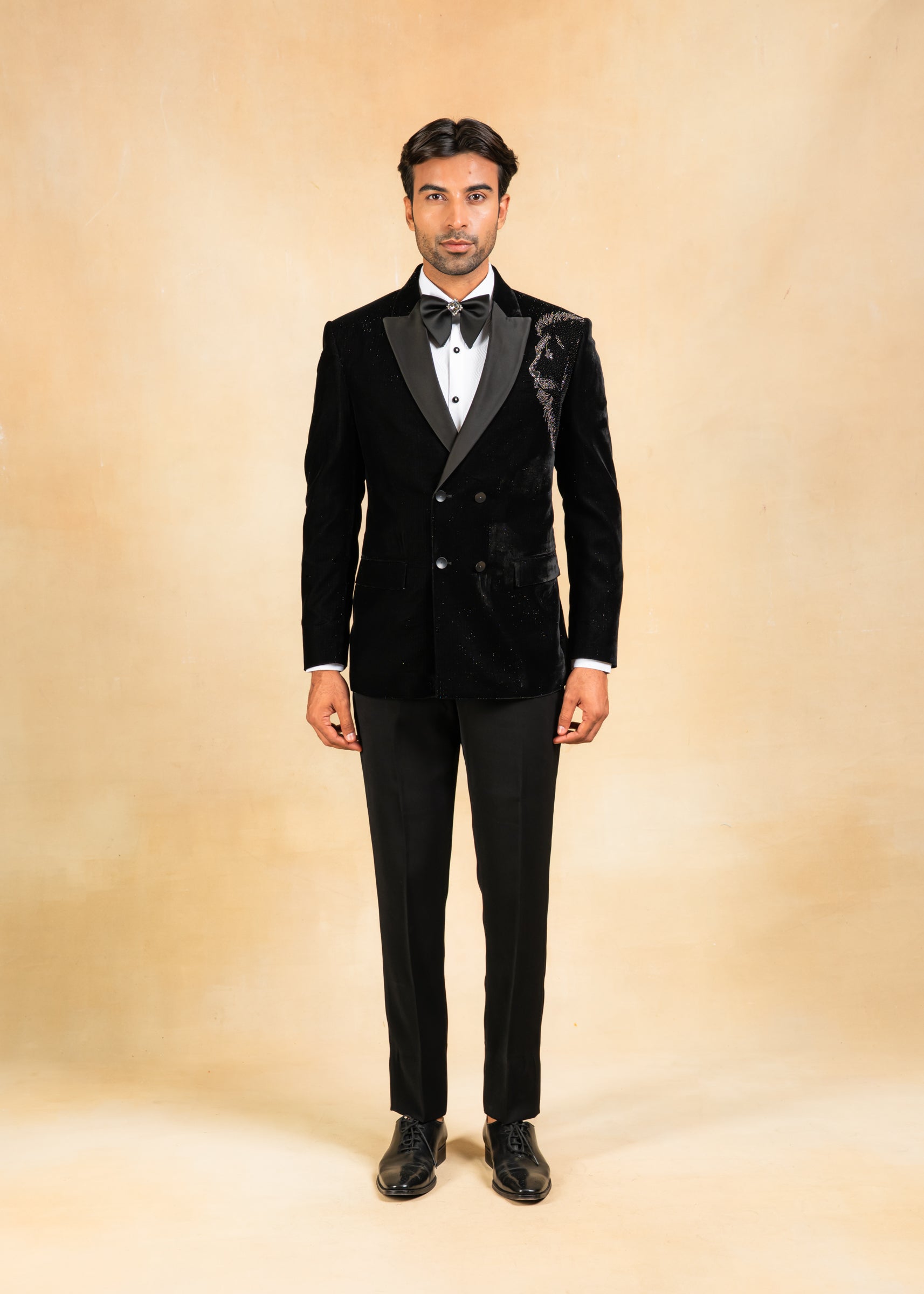 Double breasted hand embroidered tuxedo