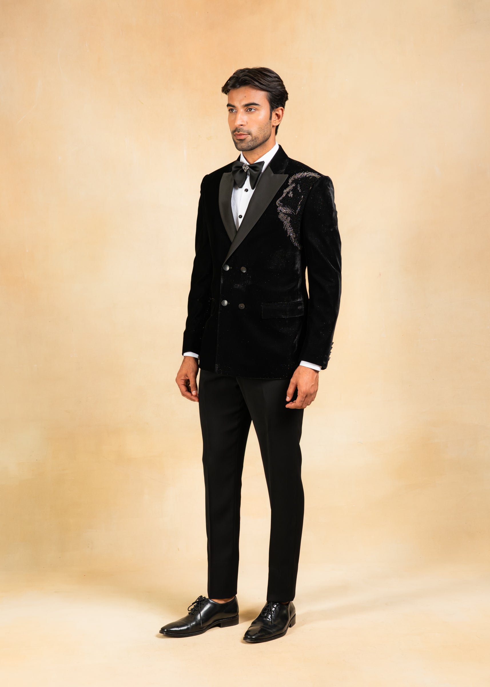 Double breasted hand embroidered tuxedo