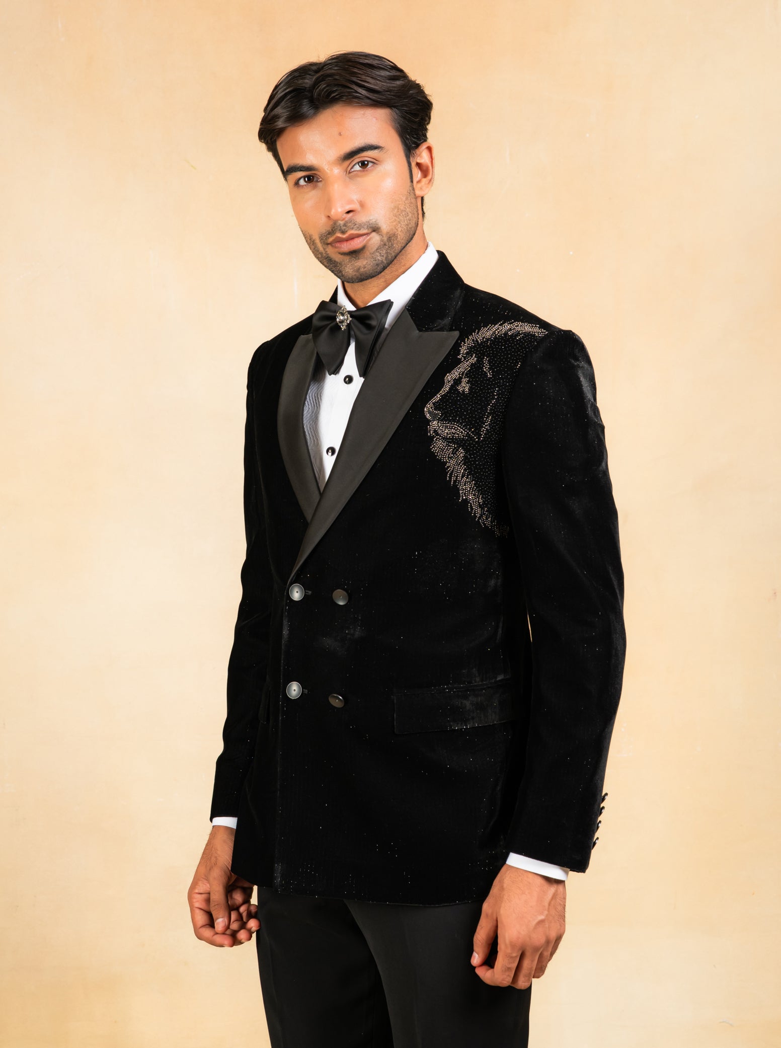 Double breasted hand embroidered tuxedo