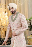 Pink designer full embroidered with handwork on collar sherwani