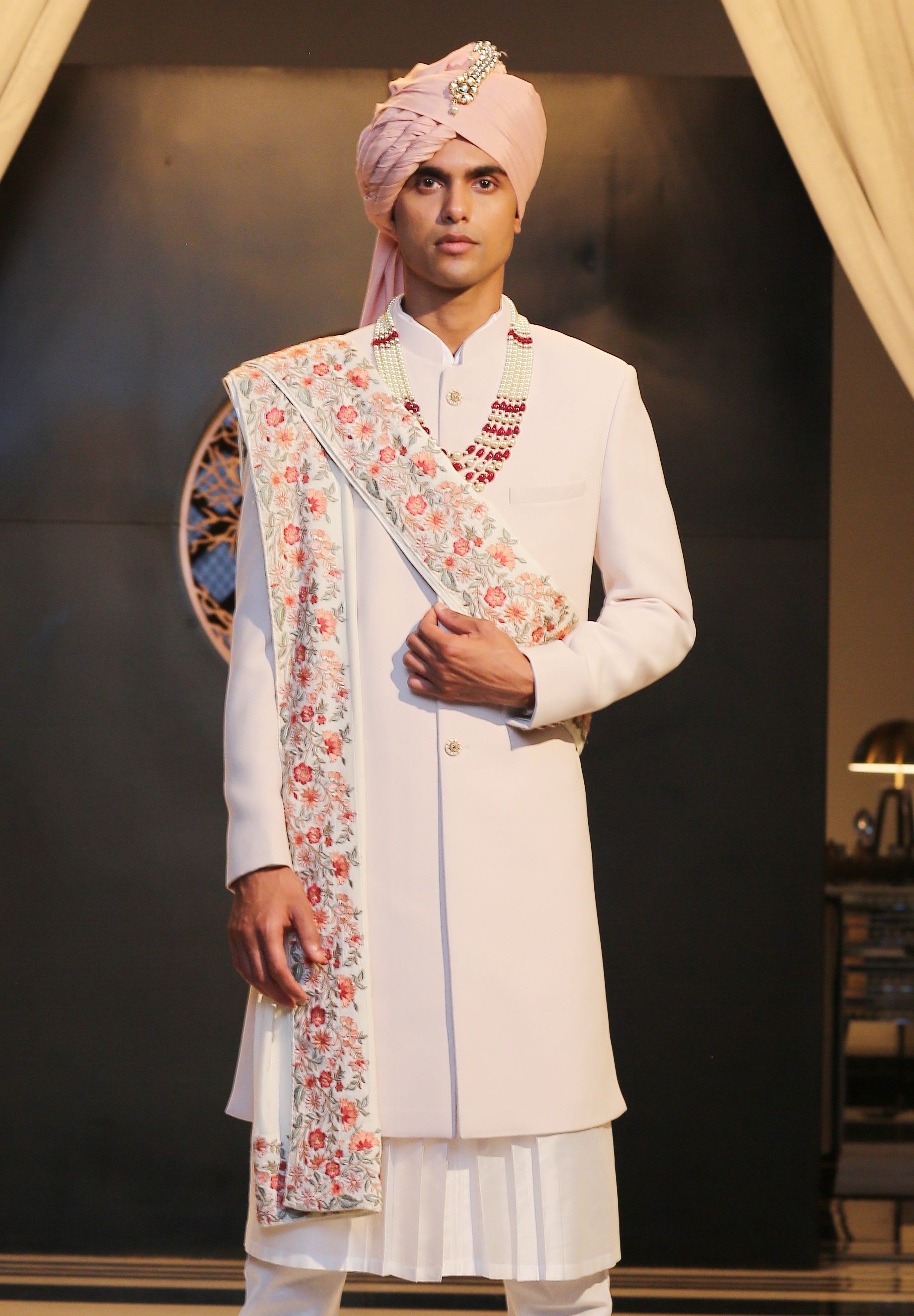 Men's Light Pink Embroidered Indo-Western with Dupatta - Romantic Indian Fusion Wear

