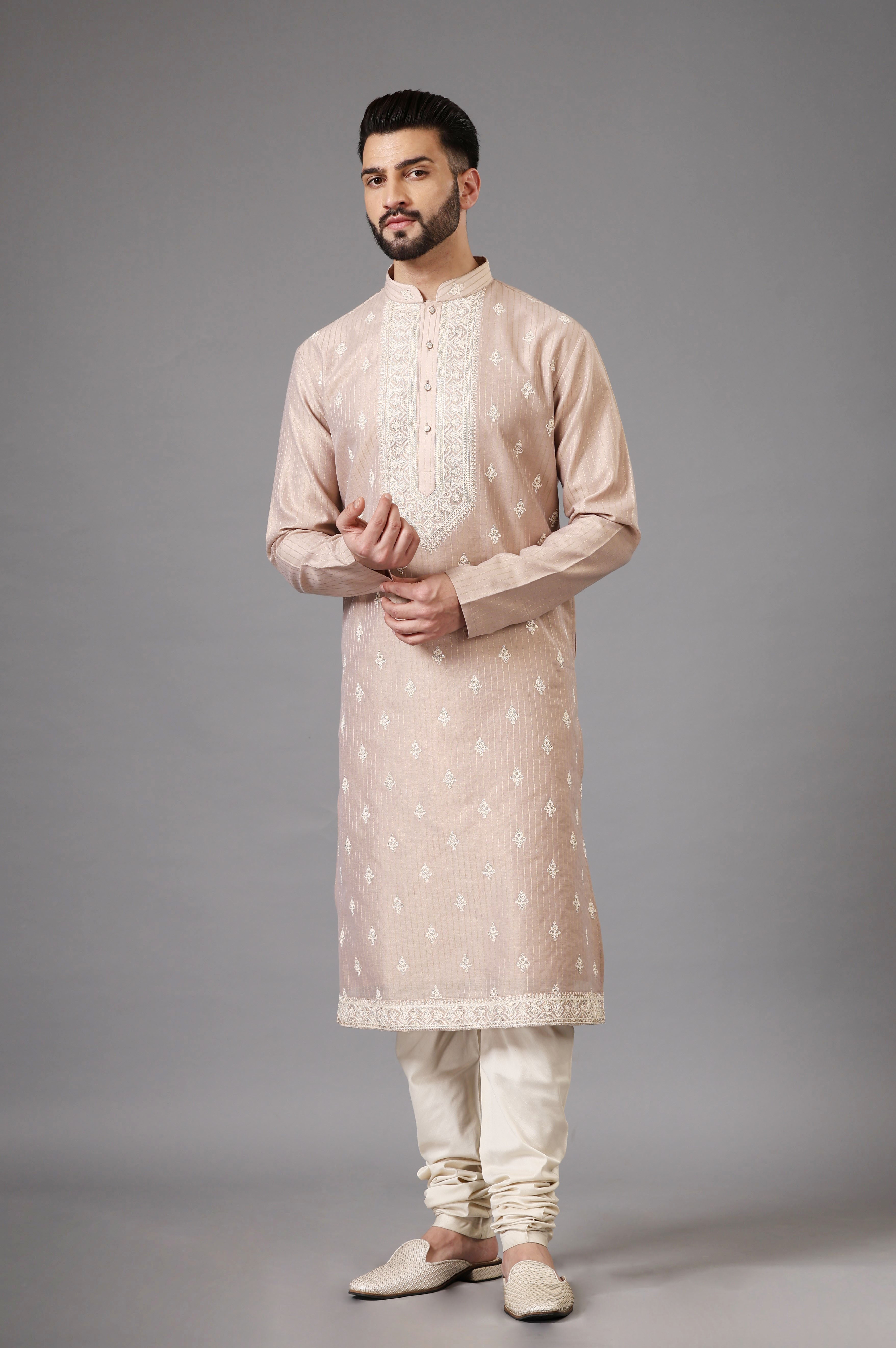 Men's Peach Kurta Pyjama Set - Comfortable and Stylish

