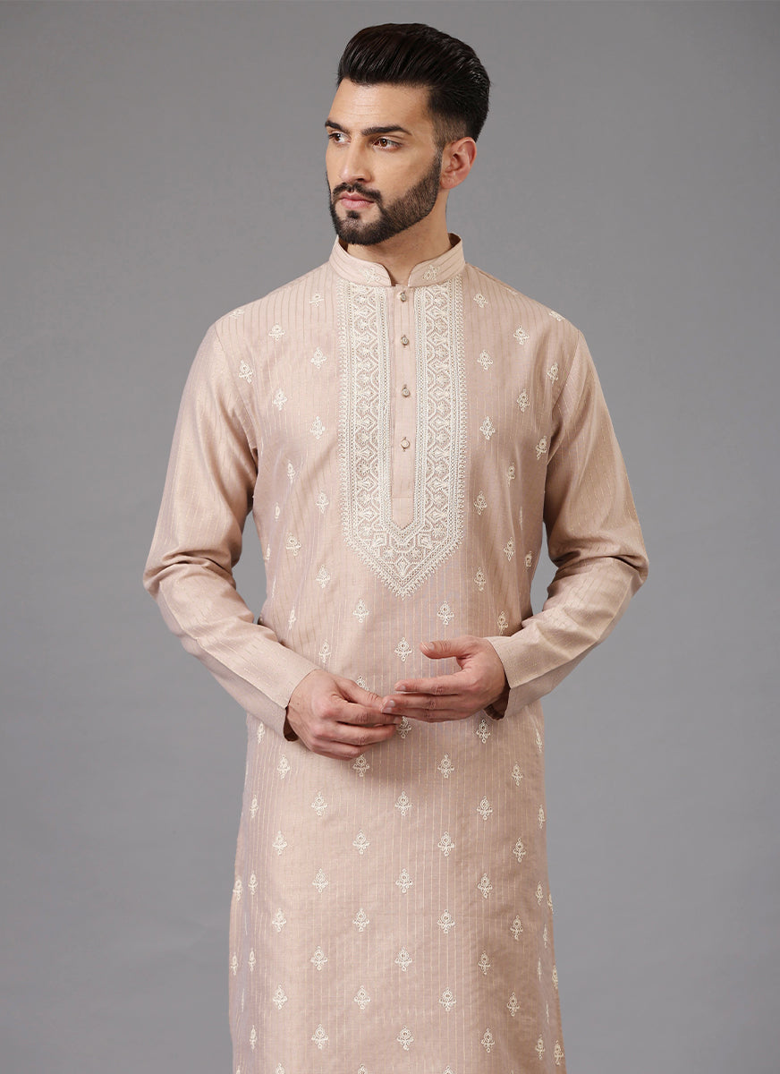 Men's Peach Embroidered Kurta Pyjama Set - Soft and Elegant Indian Attire

