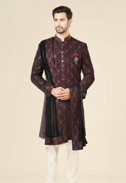 Men's Wine Velvet Embroidered Indo-Western with Dupatta - Luxurious Indian Fusion Wear

