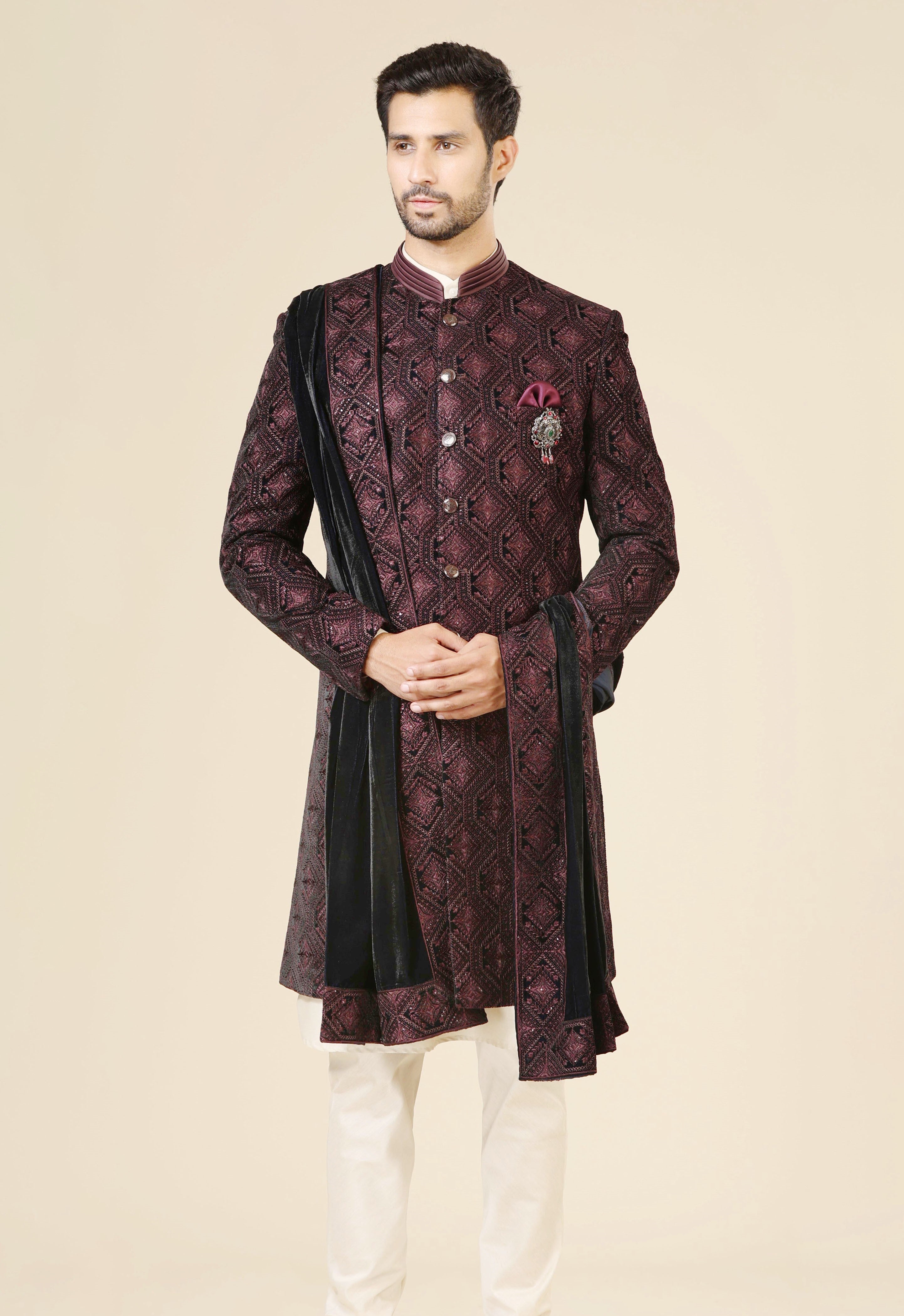 Men's Wine Velvet Embroidered Indo-Western with Dupatta - Luxurious Indian Fusion Wear

