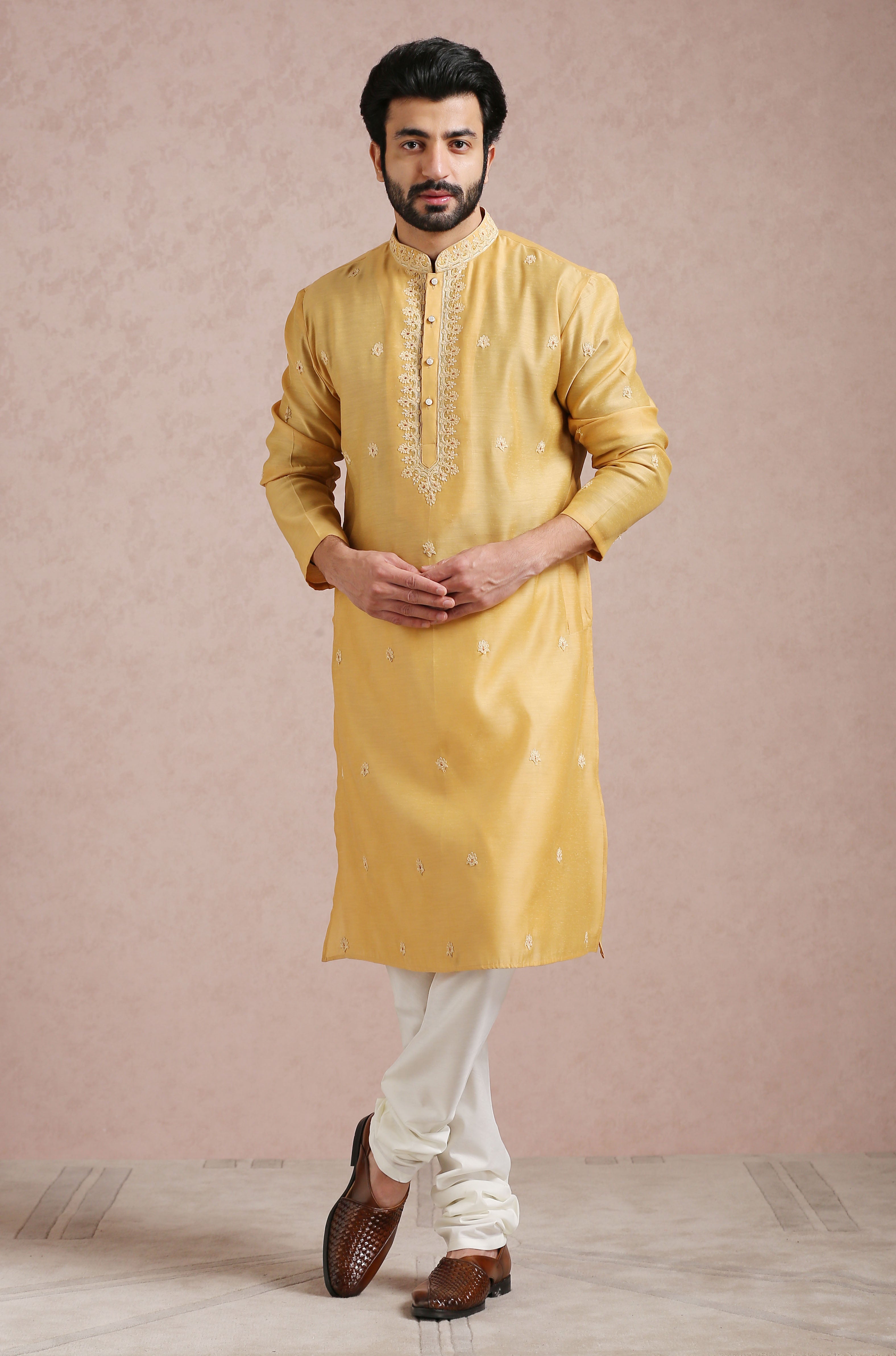 Men&#39;s Yellow Embroidered Kurta Pyjama Set - Vibrant Indian Attire

