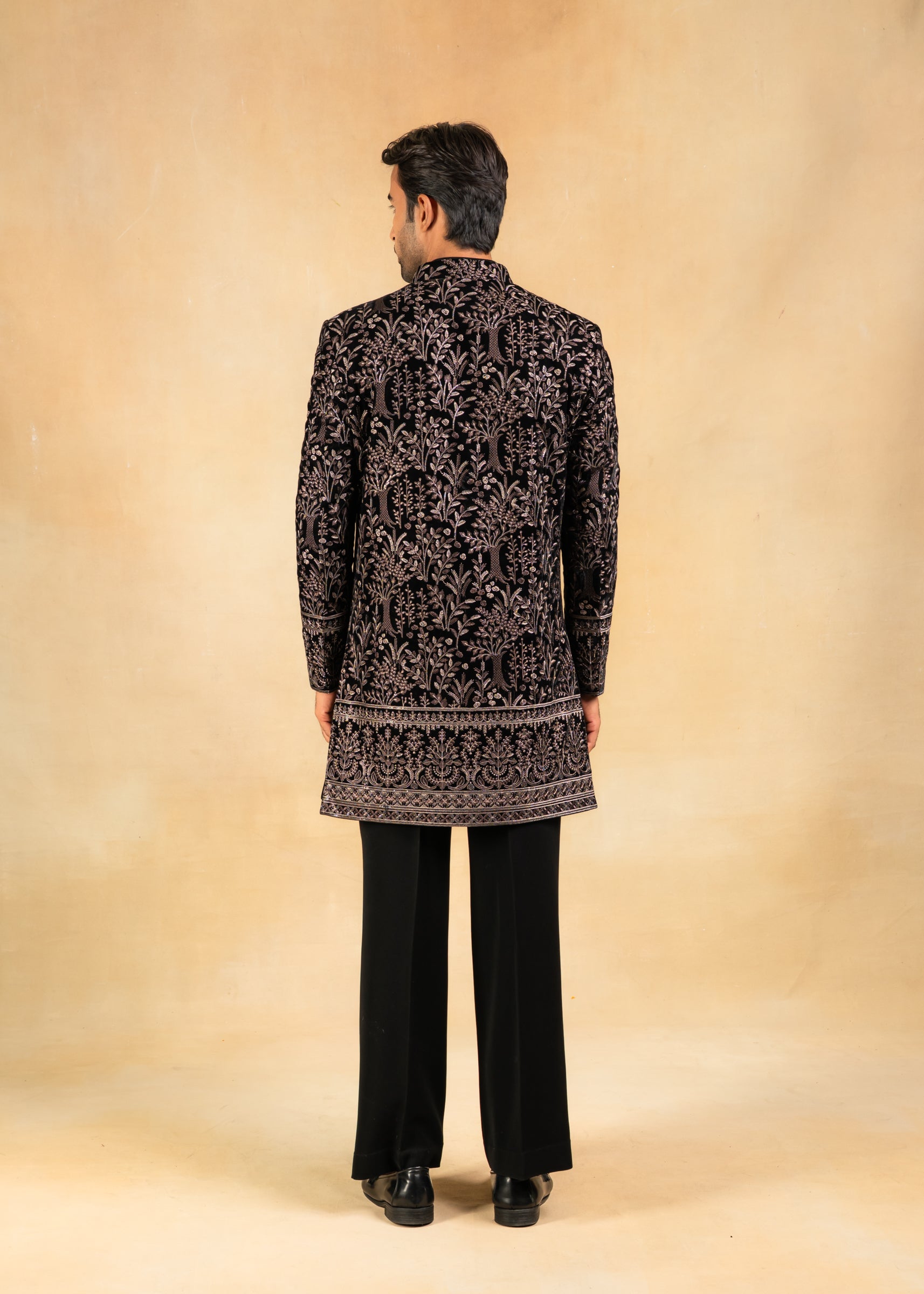 Embroidered velvet open indowestern