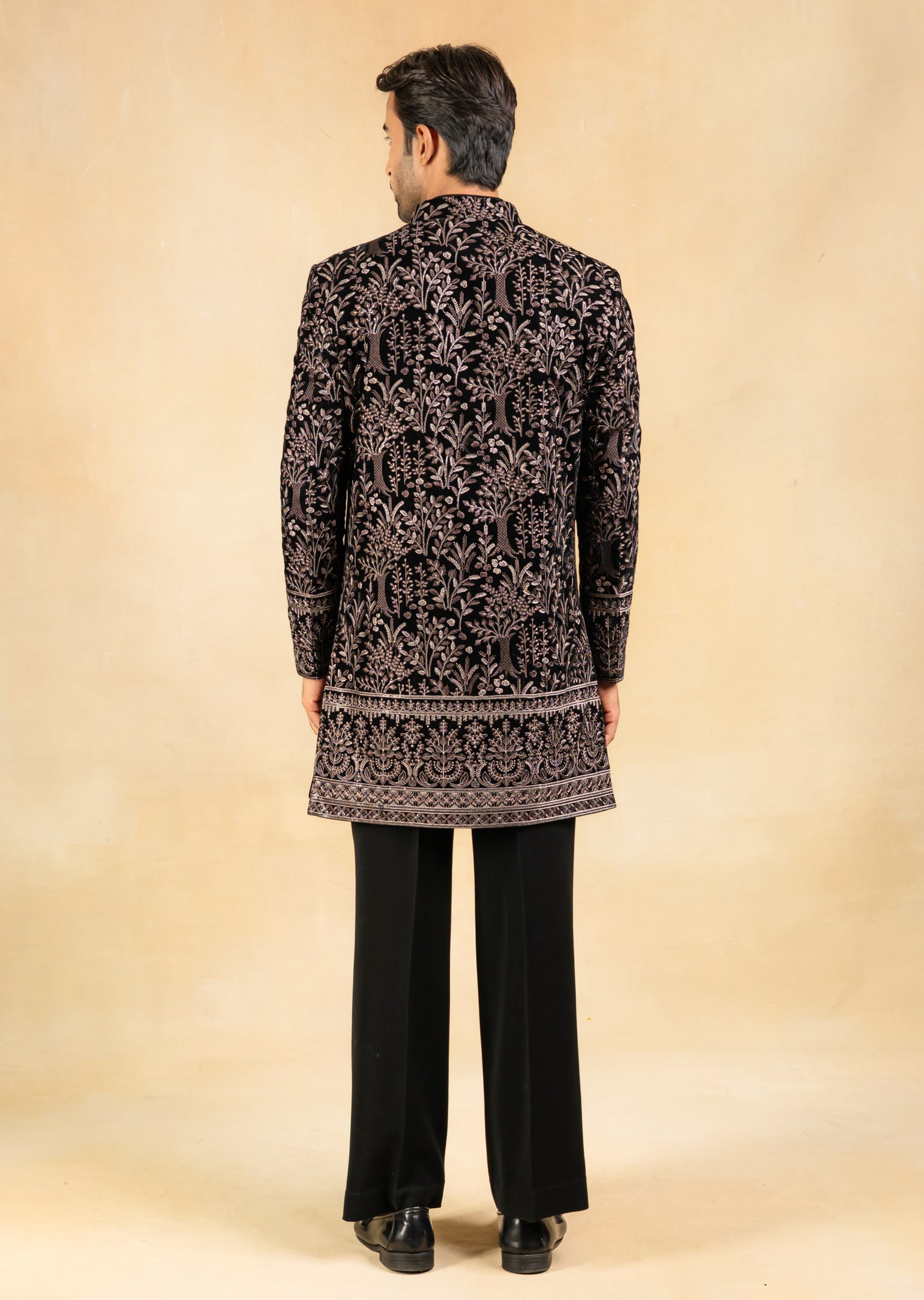 Embroidered velvet open indowestern