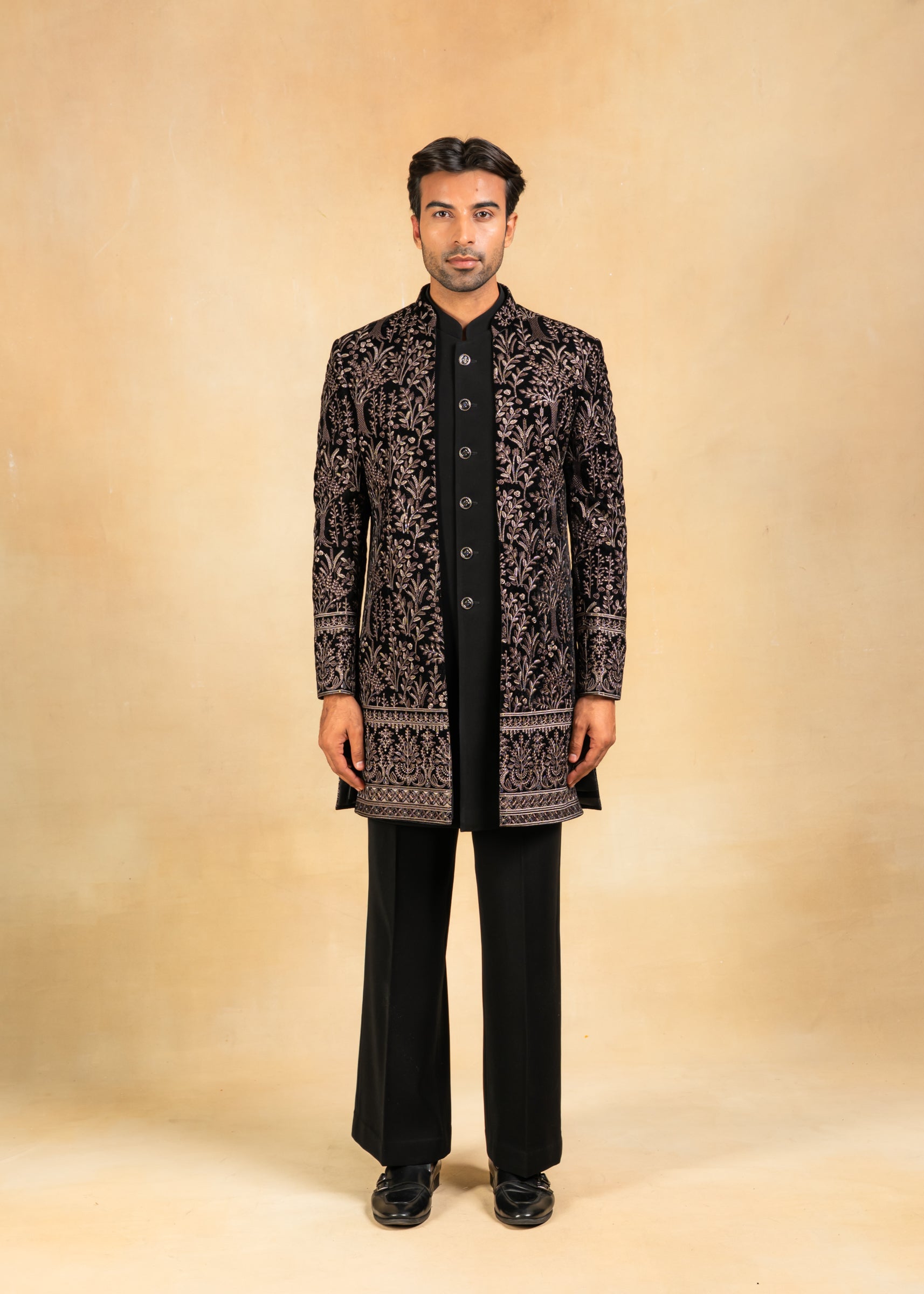 Embroidered velvet open indowestern
