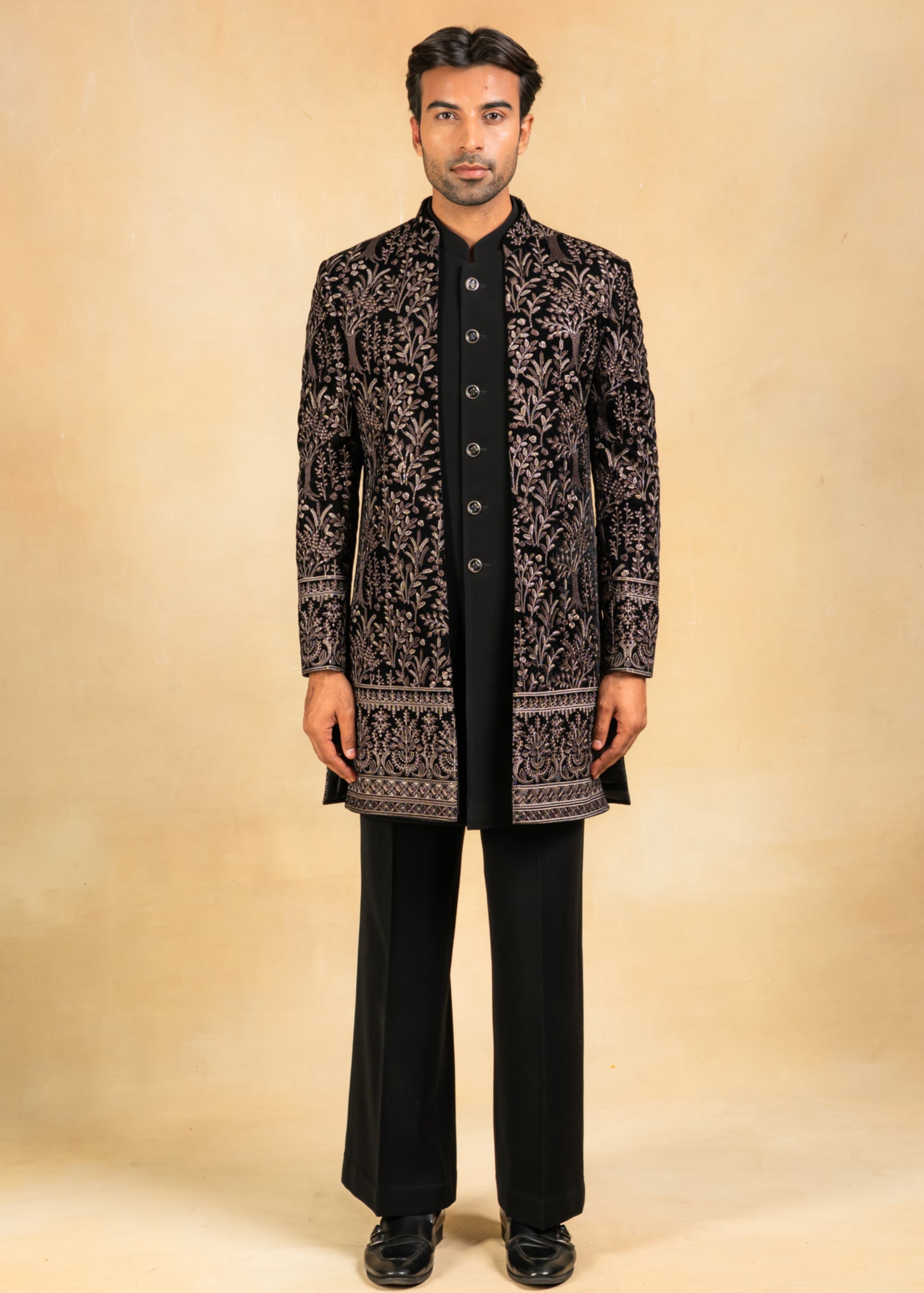 Embroidered velvet open indowestern