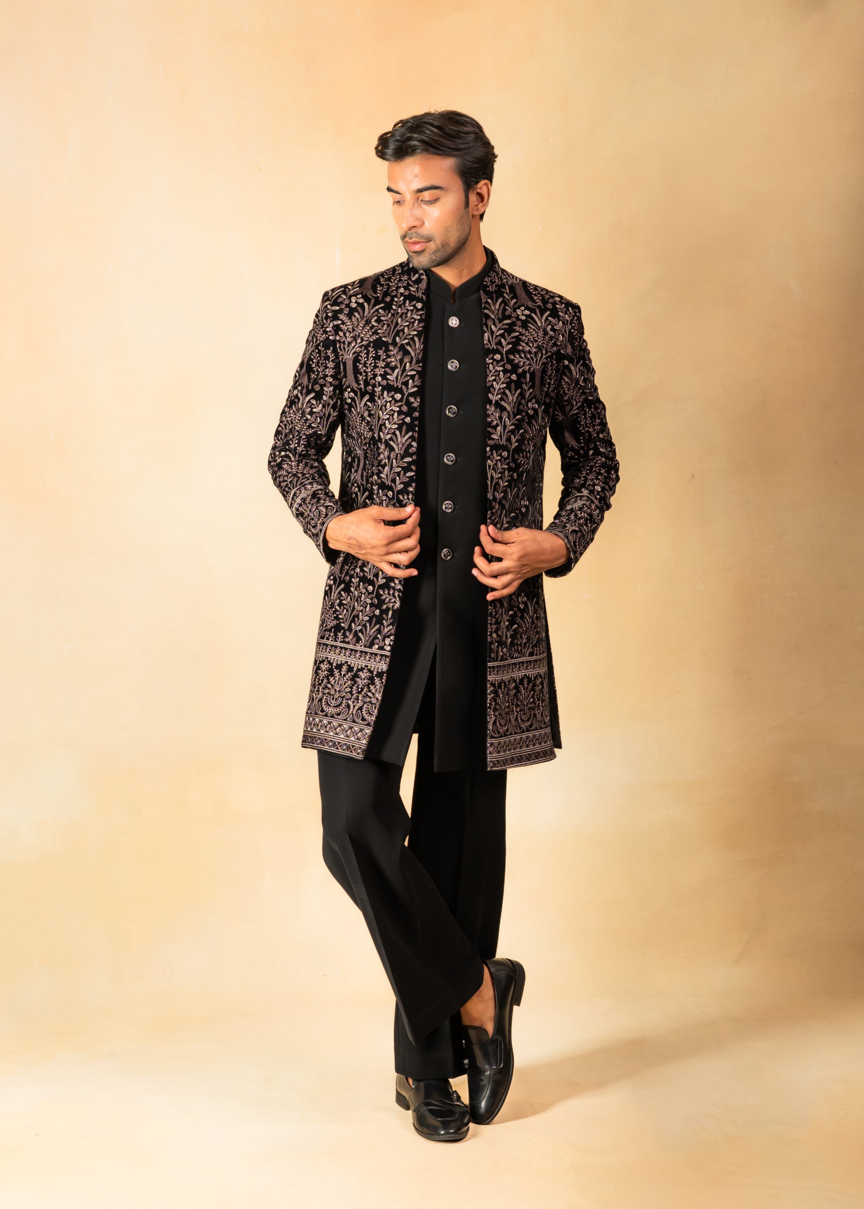 Embroidered velvet open indowestern