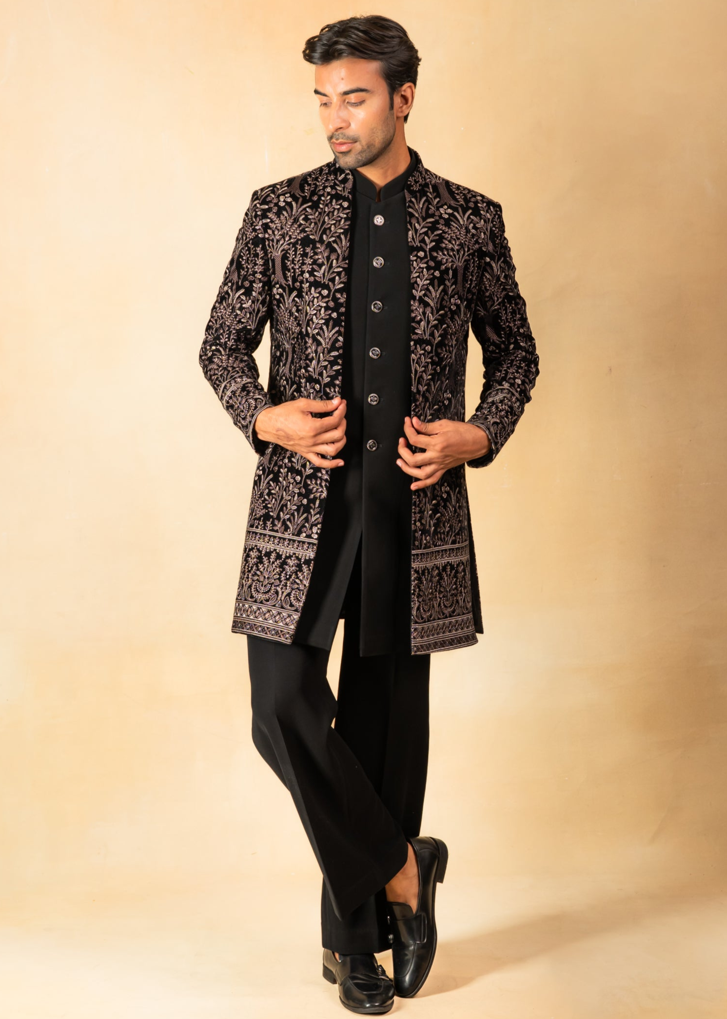Embroidered velvet open indowestern