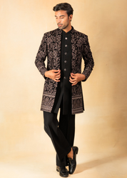 Embroidered velvet open indowestern