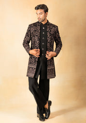 Embroidered velvet open indowestern