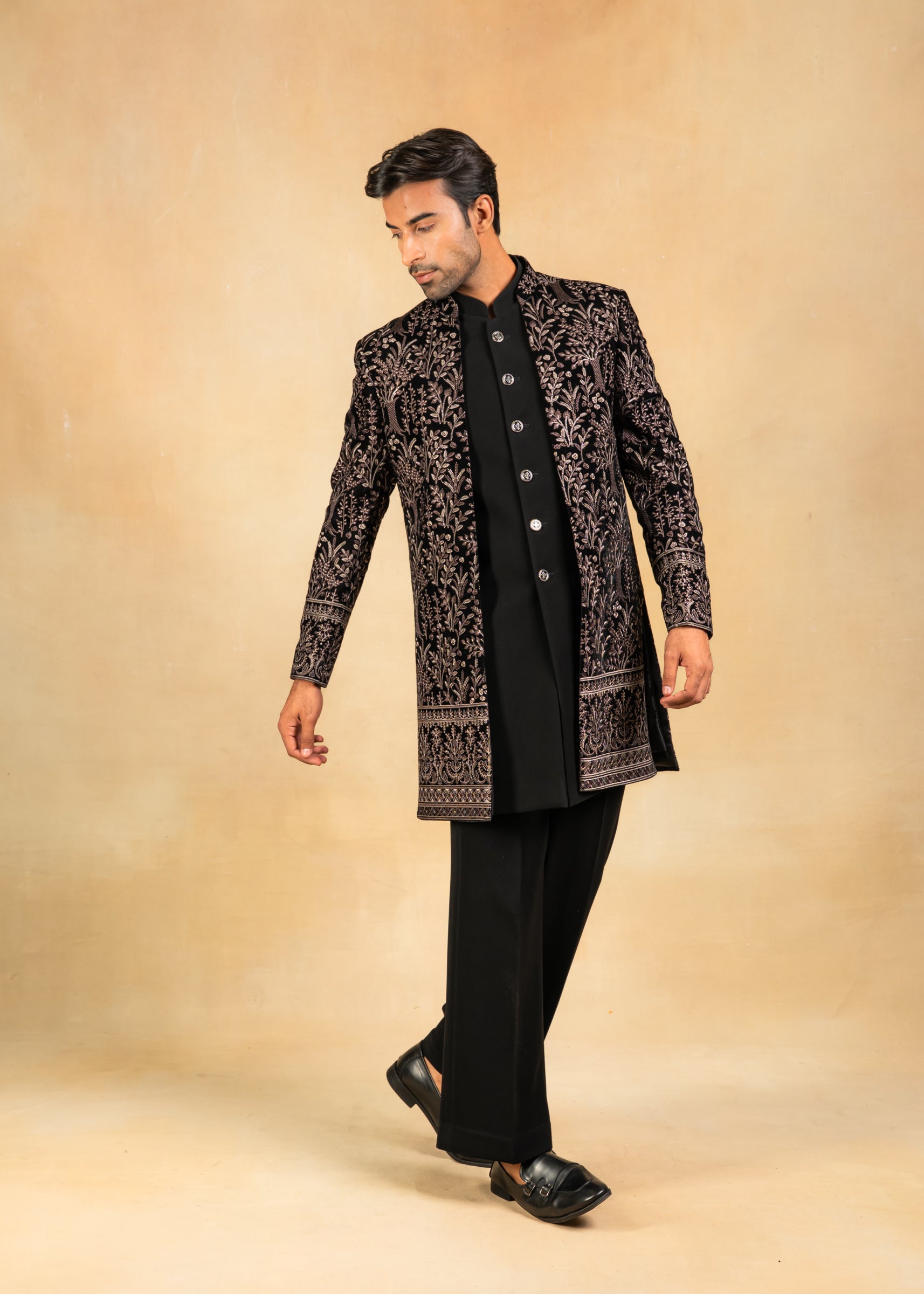 Embroidered velvet open indowestern