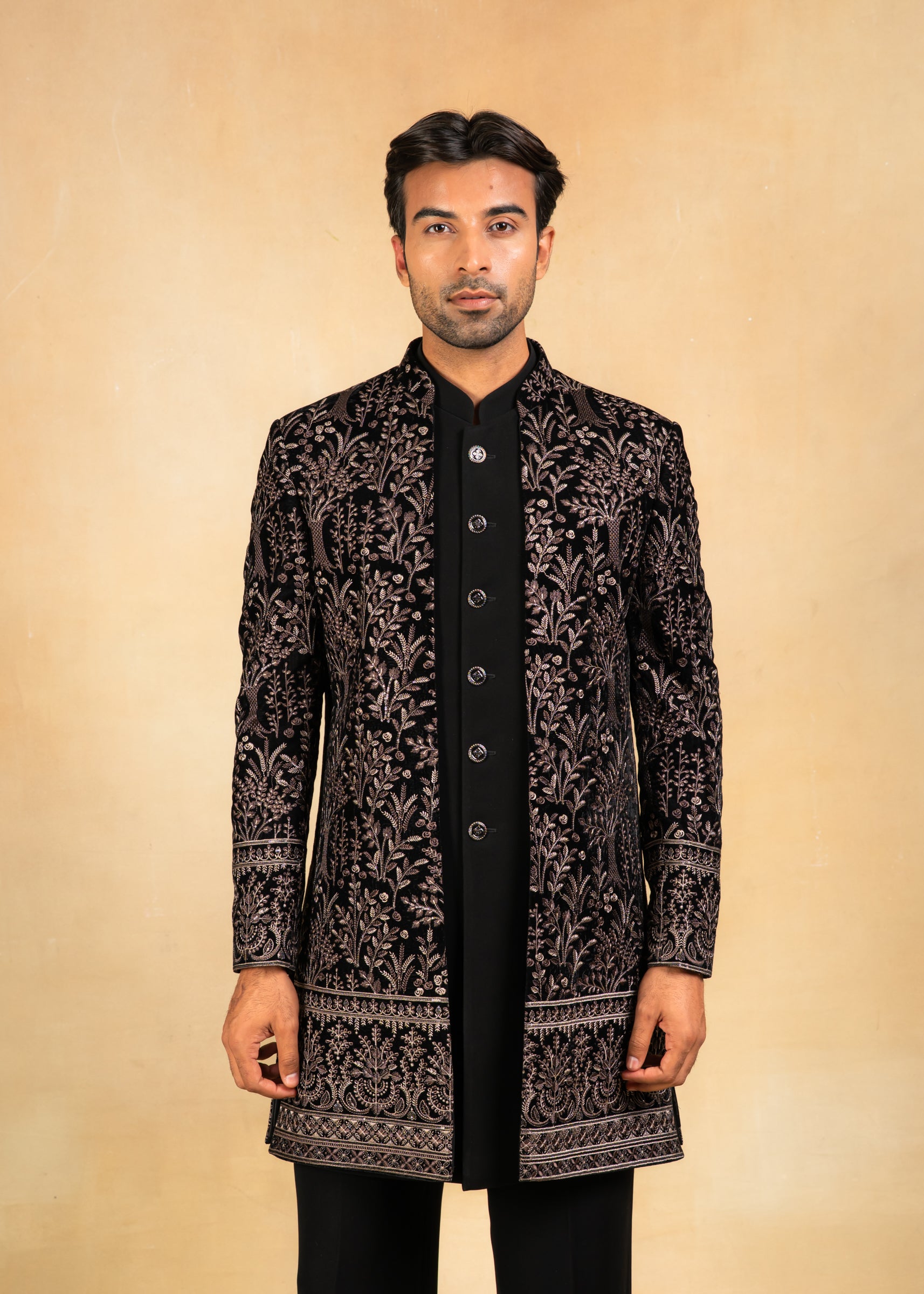 Embroidered velvet open indowestern