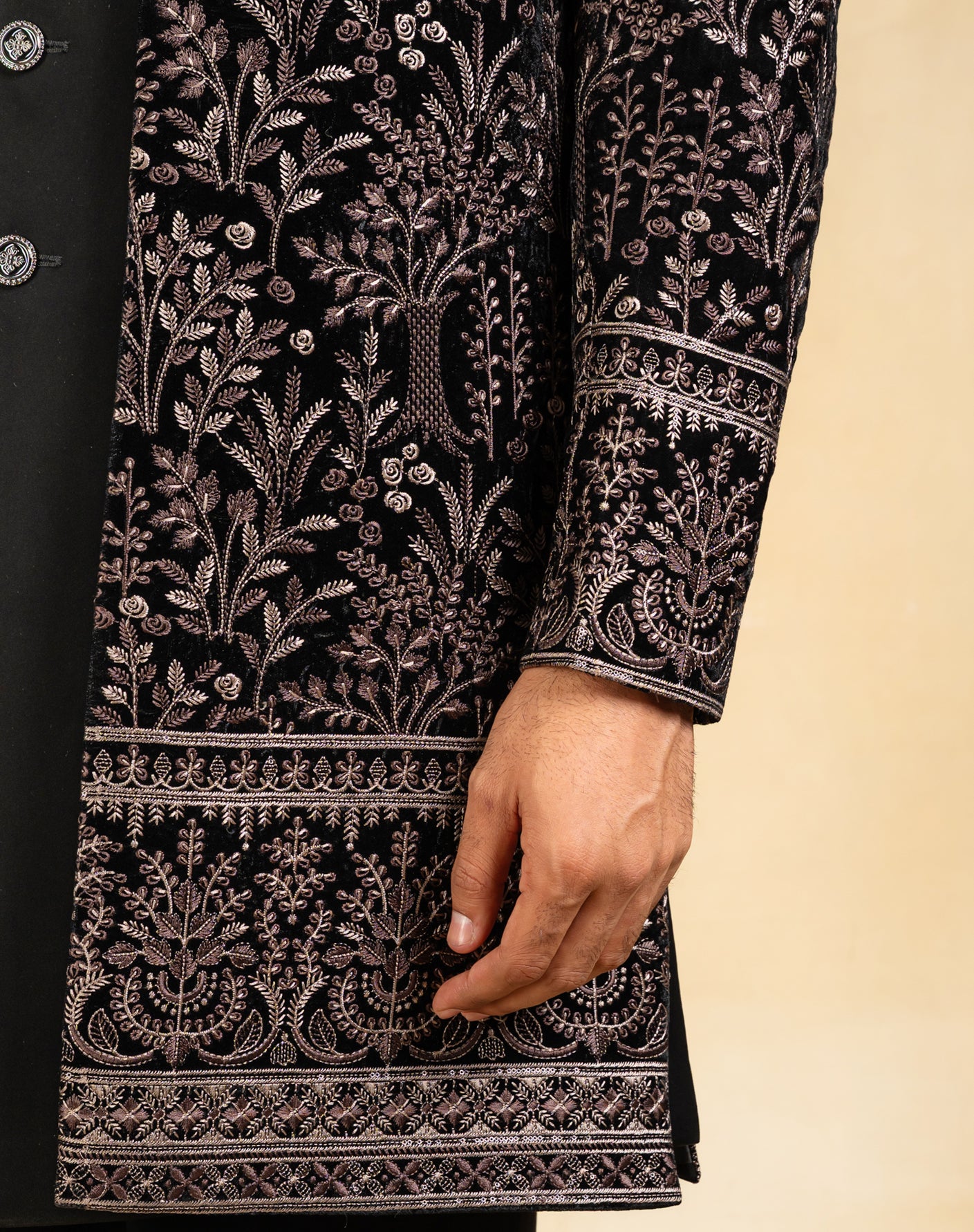 Embroidered velvet open indowestern