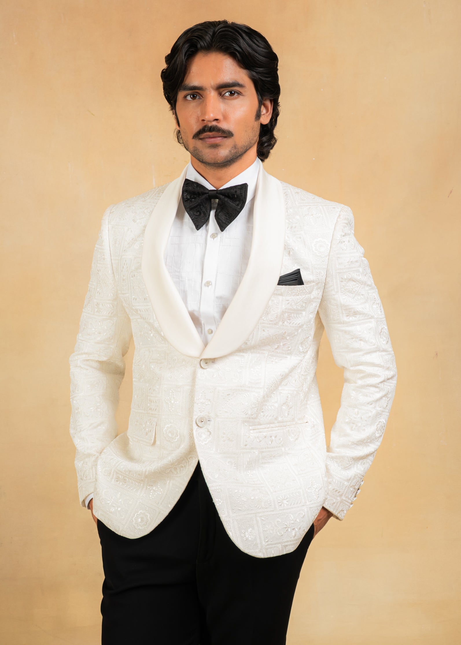 Embroidered white tuxedo suit