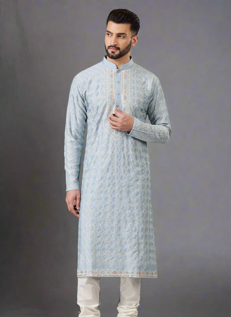Men's Fully Embroidered Blue Kurta Pyjama Set - Traditional Indian Attire

