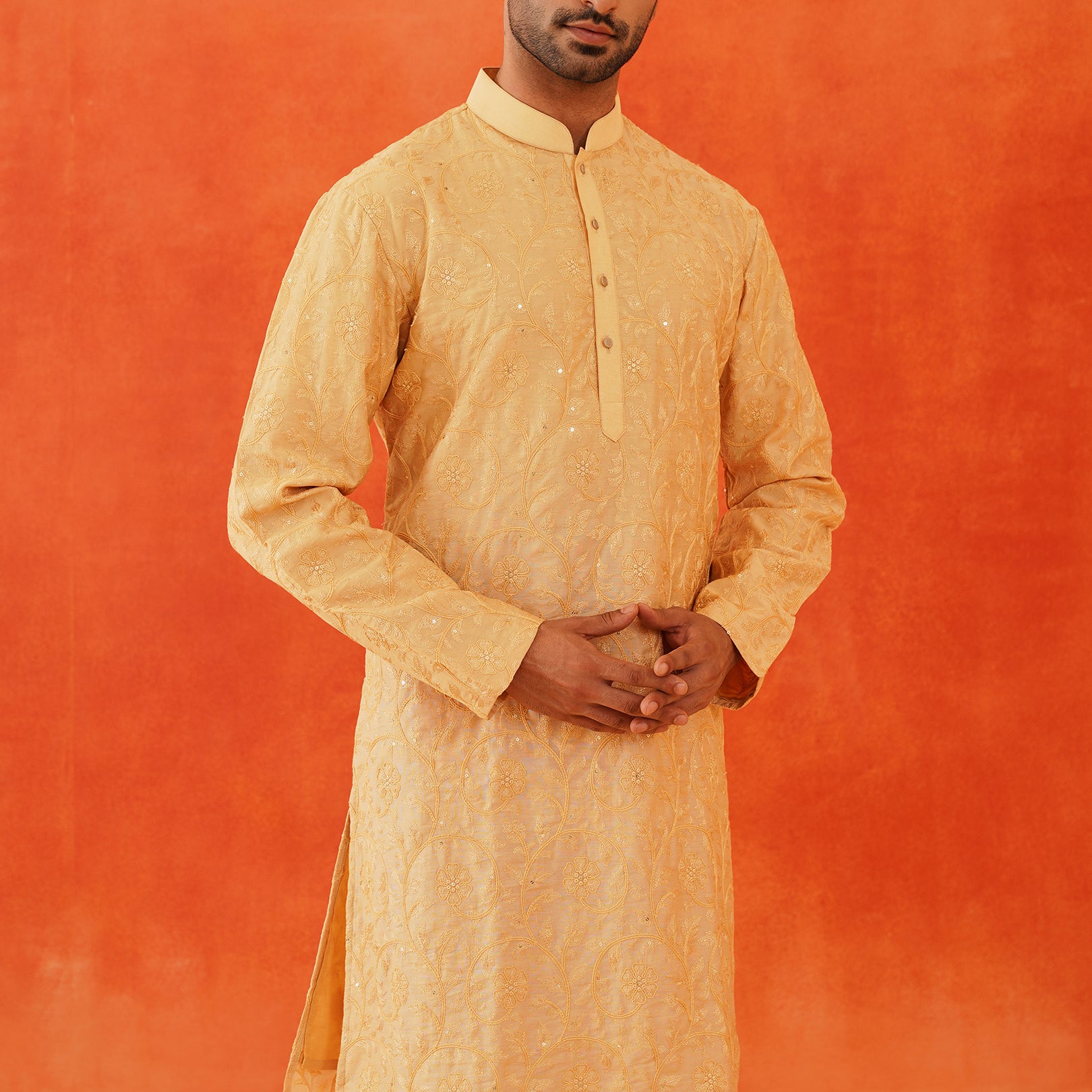 Men's Fully Embroidered Yellow Kurta Pyjama Set - Vibrant Indian Attire

