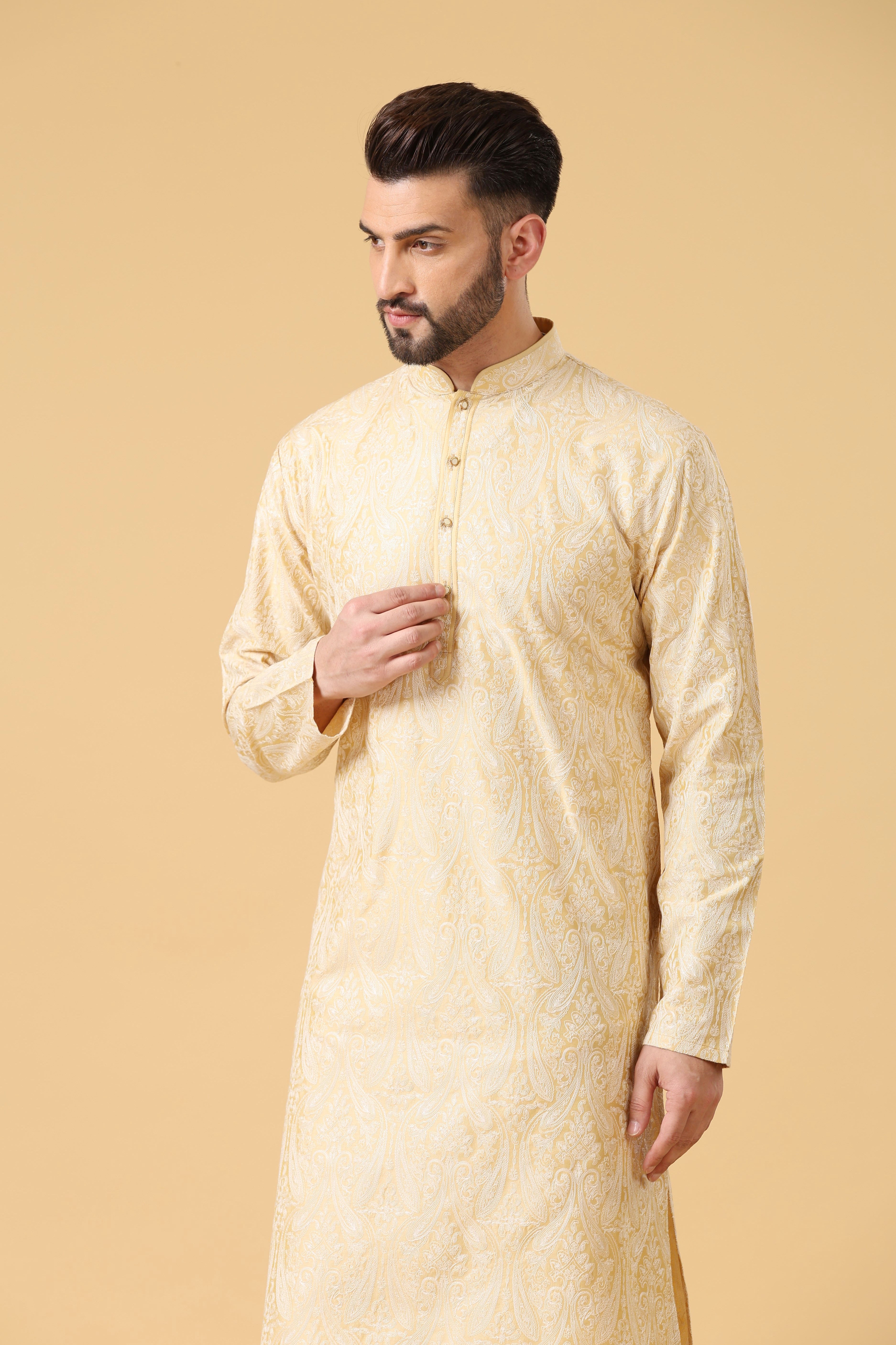 Men's Fully Embroidered Yellow Kurta Pyjama Set - Vibrant Indian Attire

