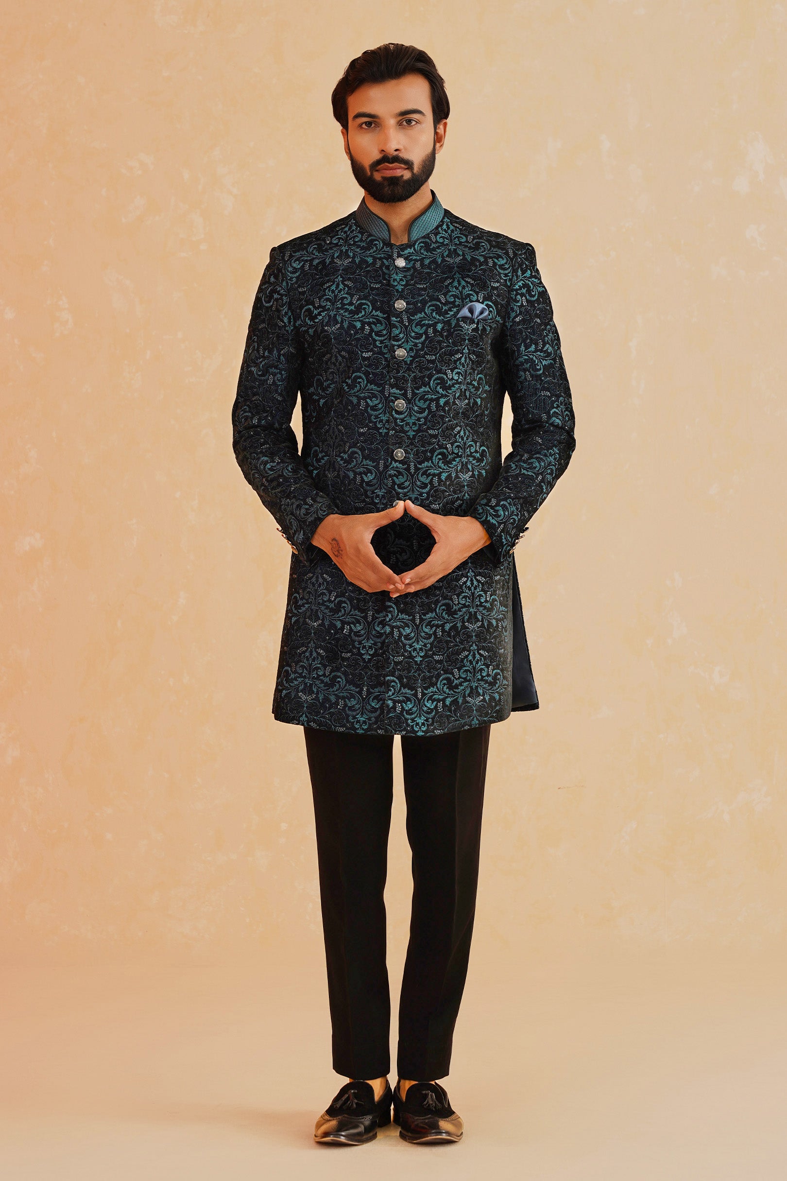 Green Embroidered Velvet Indo-Western Suit