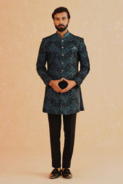 Green Embroidered Velvet Indo-Western Suit