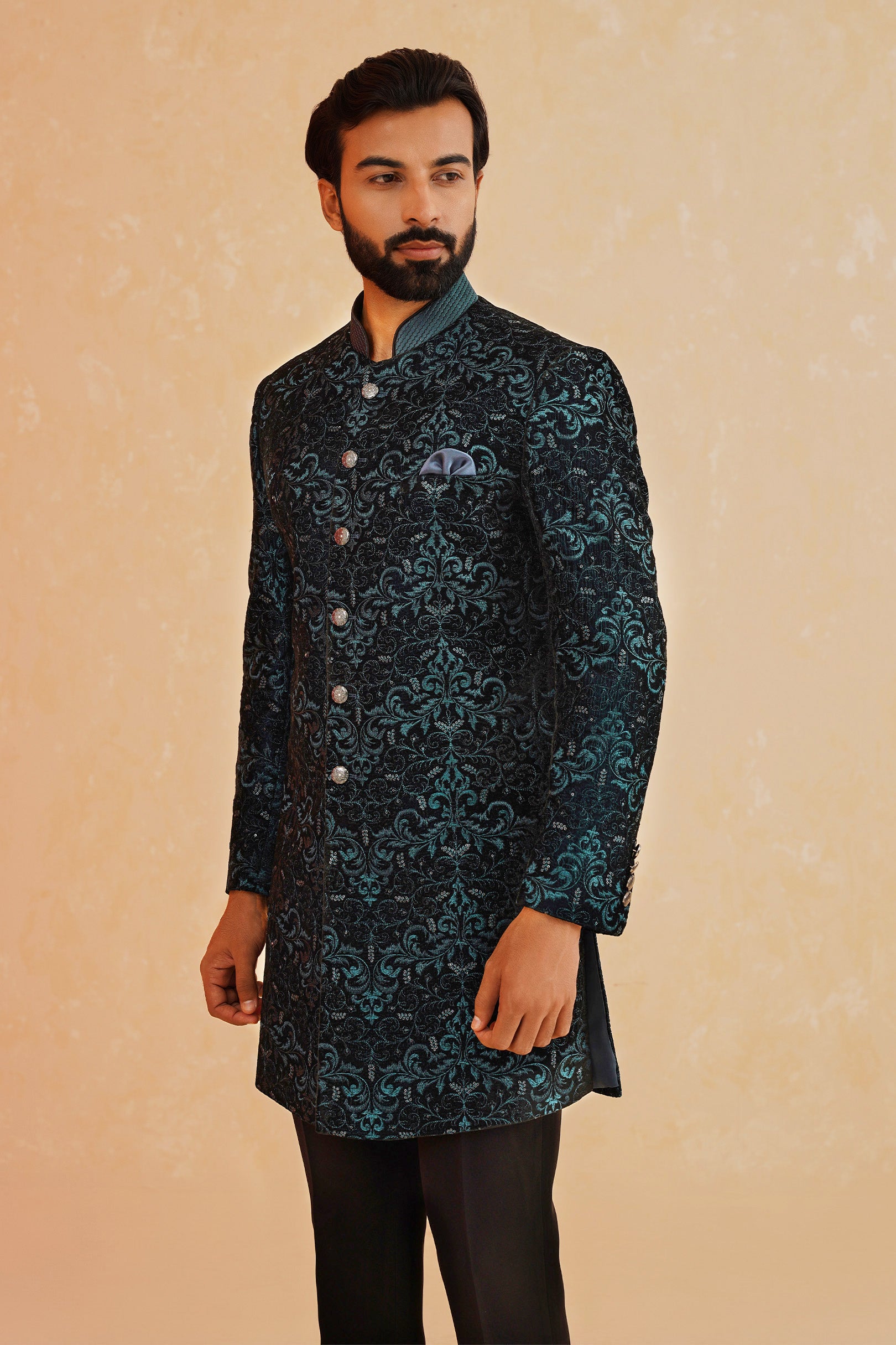 Green Embroidered Velvet Indo-Western Suit