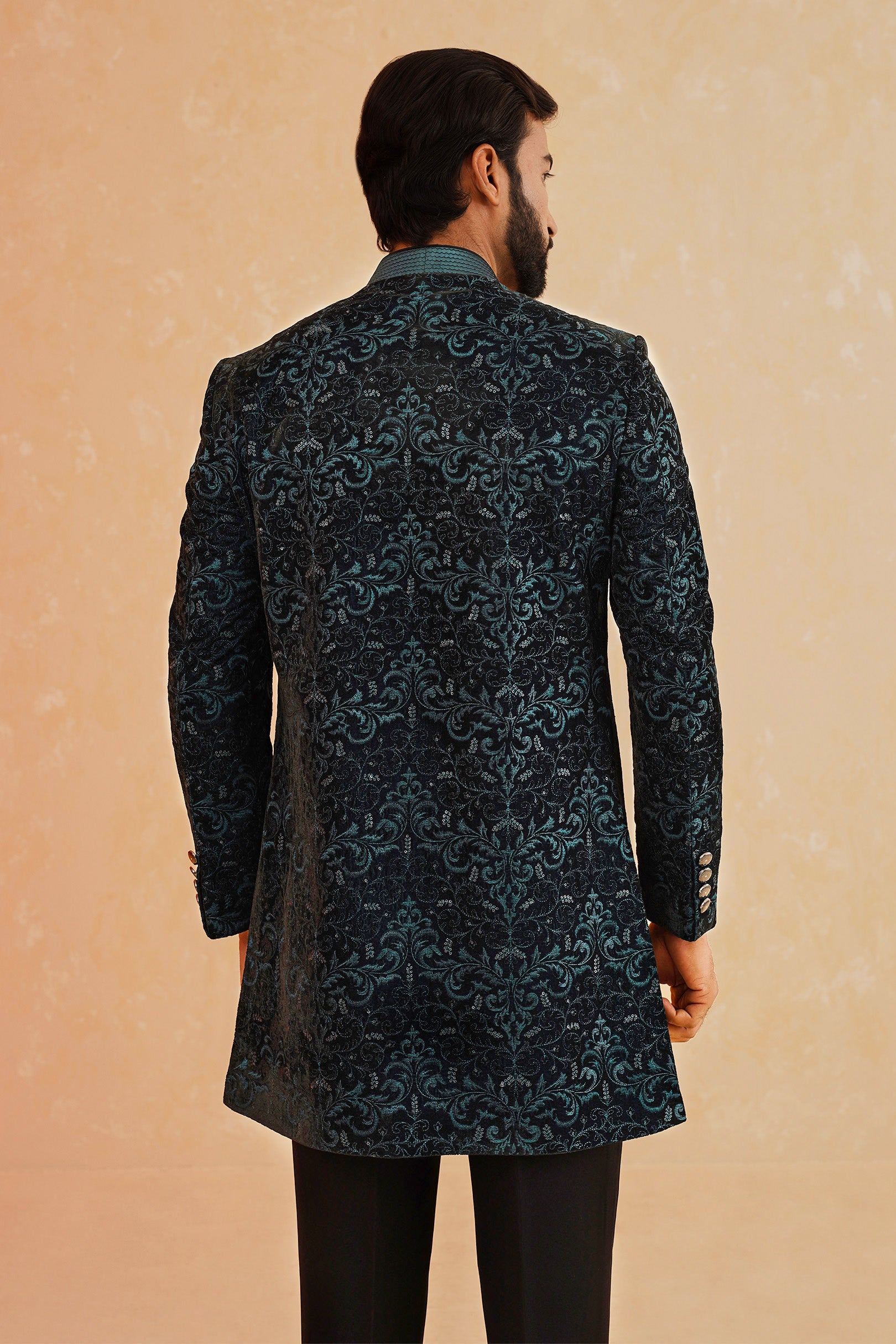 Green Embroidered Velvet Indo-Western Suit
