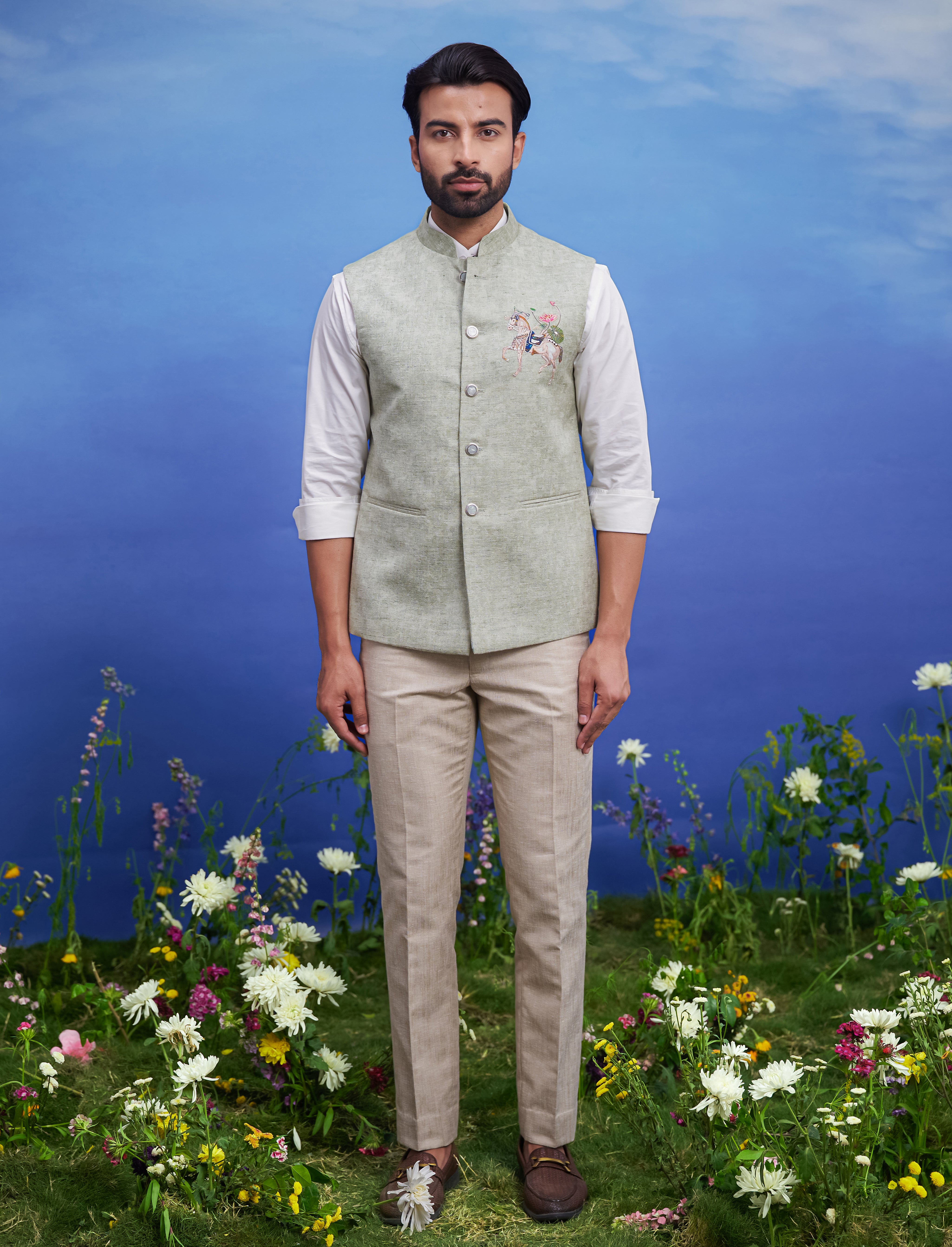 Green Nehru Jacket with embroidered motif – Bonsoir