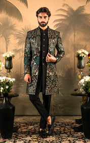 Men's Green Velvet Indo-Western with Sequin Work - Luxury Indian Fusion Wear

