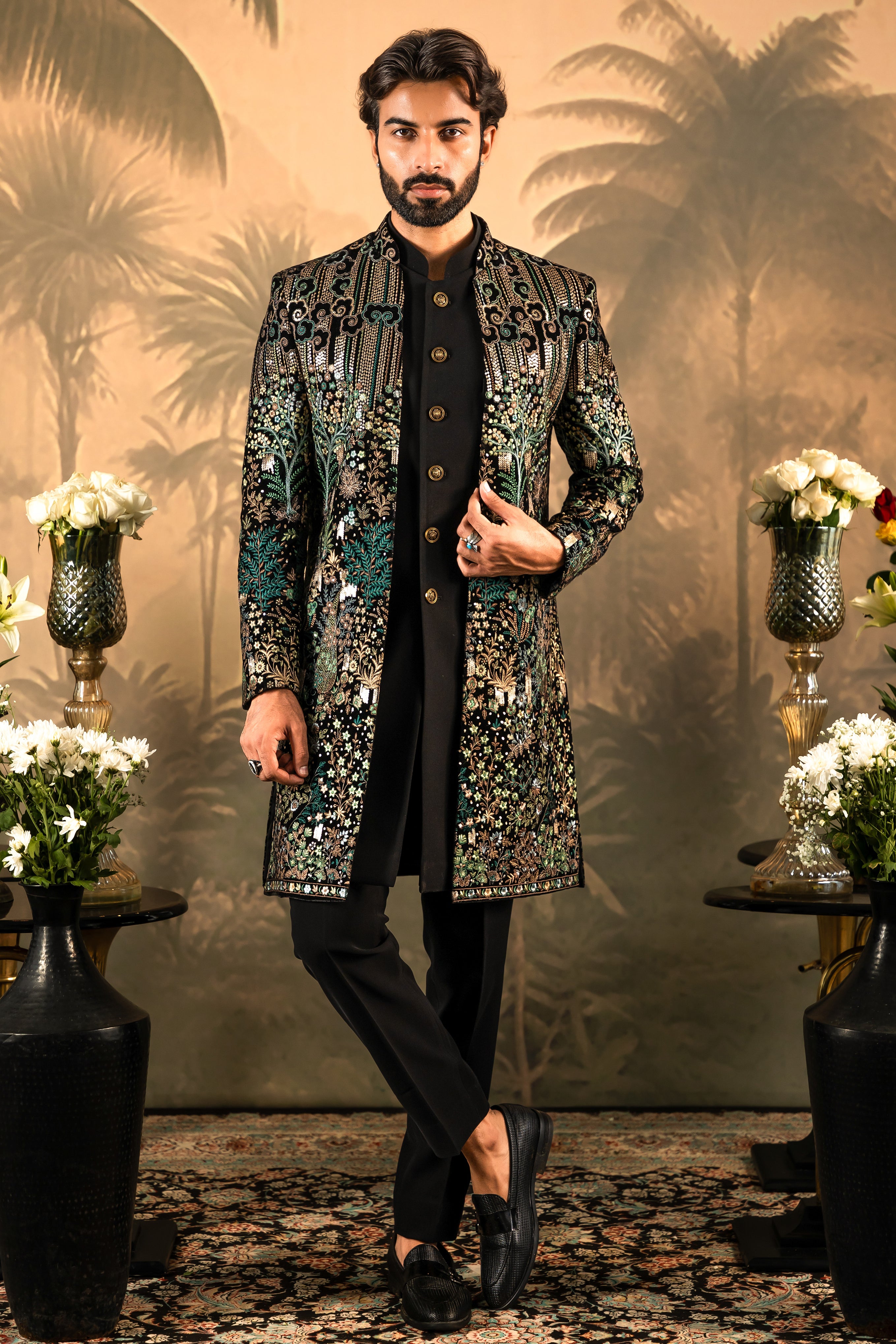 Men's Green Velvet Indo-Western with Sequin Work - Luxury Indian Fusion Wear

