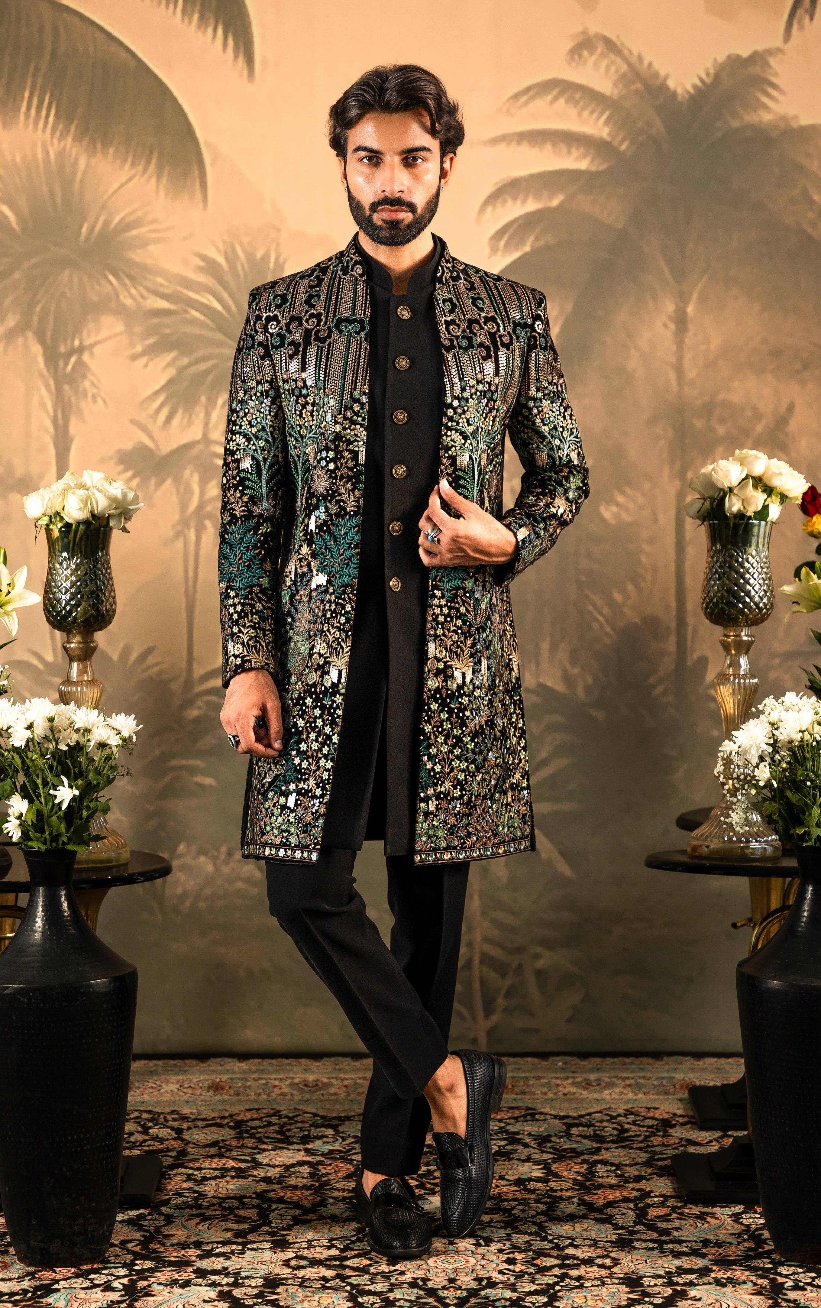 Men's Green Velvet Indo-Western with Sequin Work - Luxury Indian Fusion Wear

