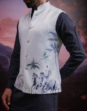 Blue Horse Motif Nehru Jacket