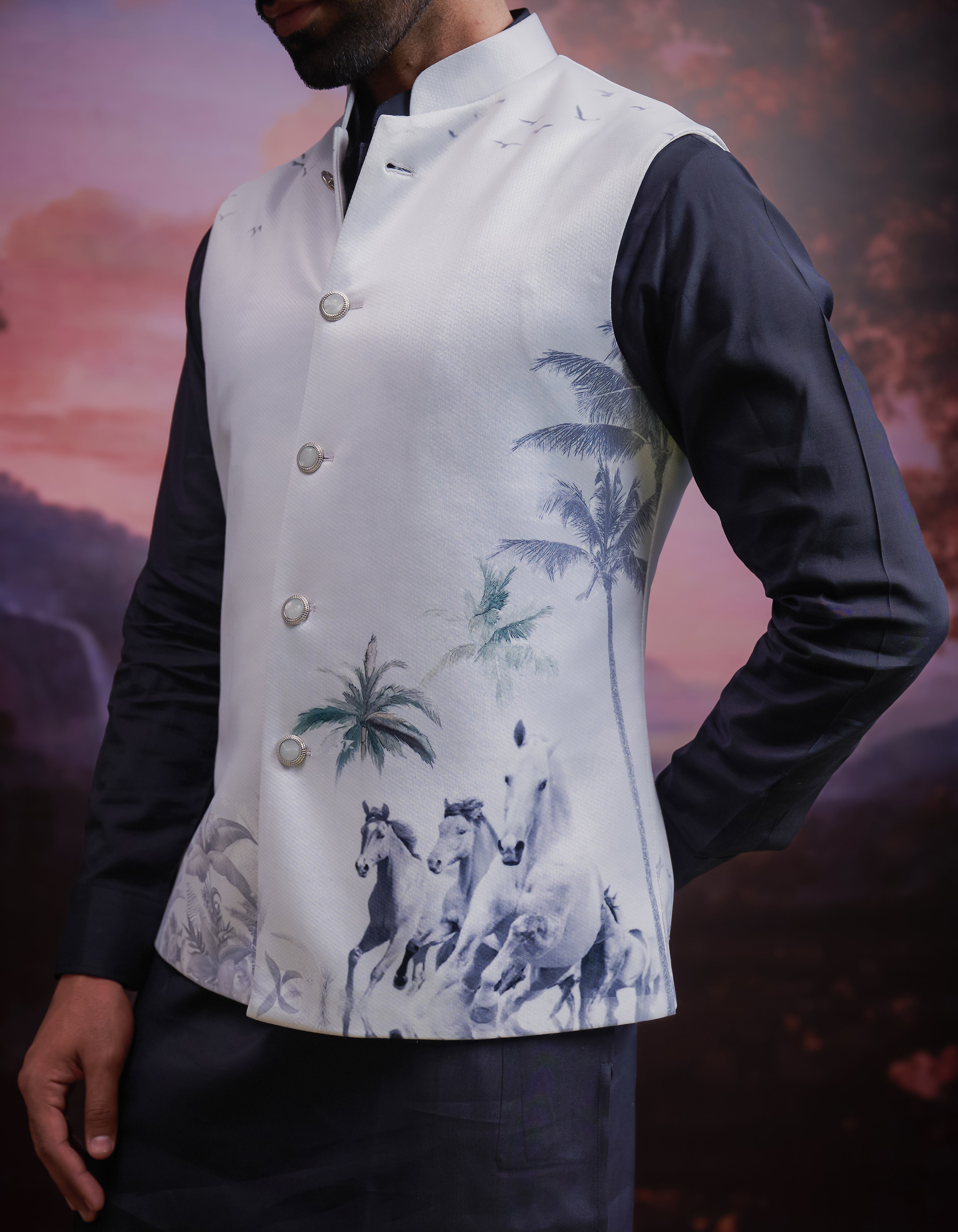 Blue Horse Motif Nehru Jacket