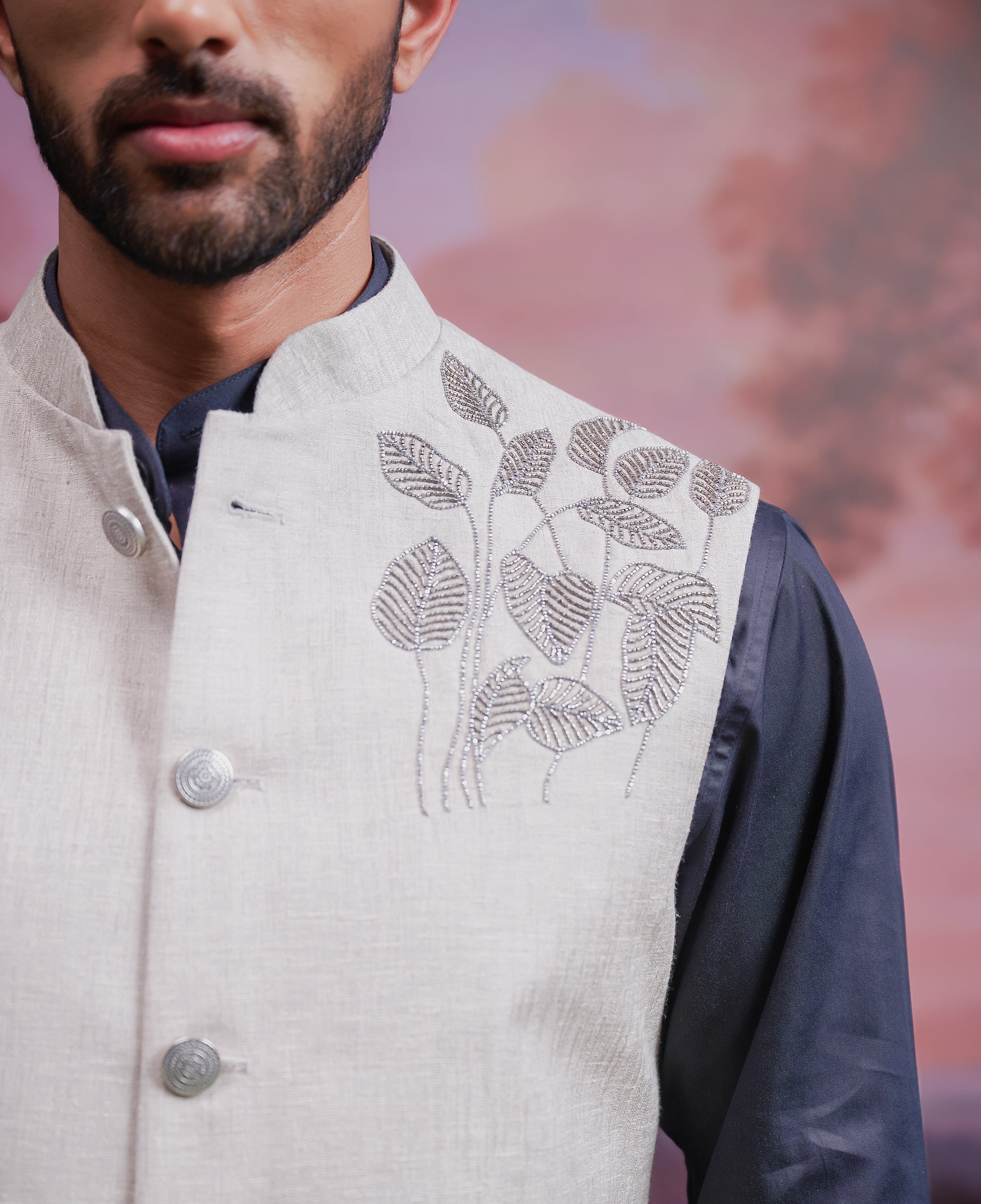 Grey Nehru Jacket with Hand Embroidered Motif