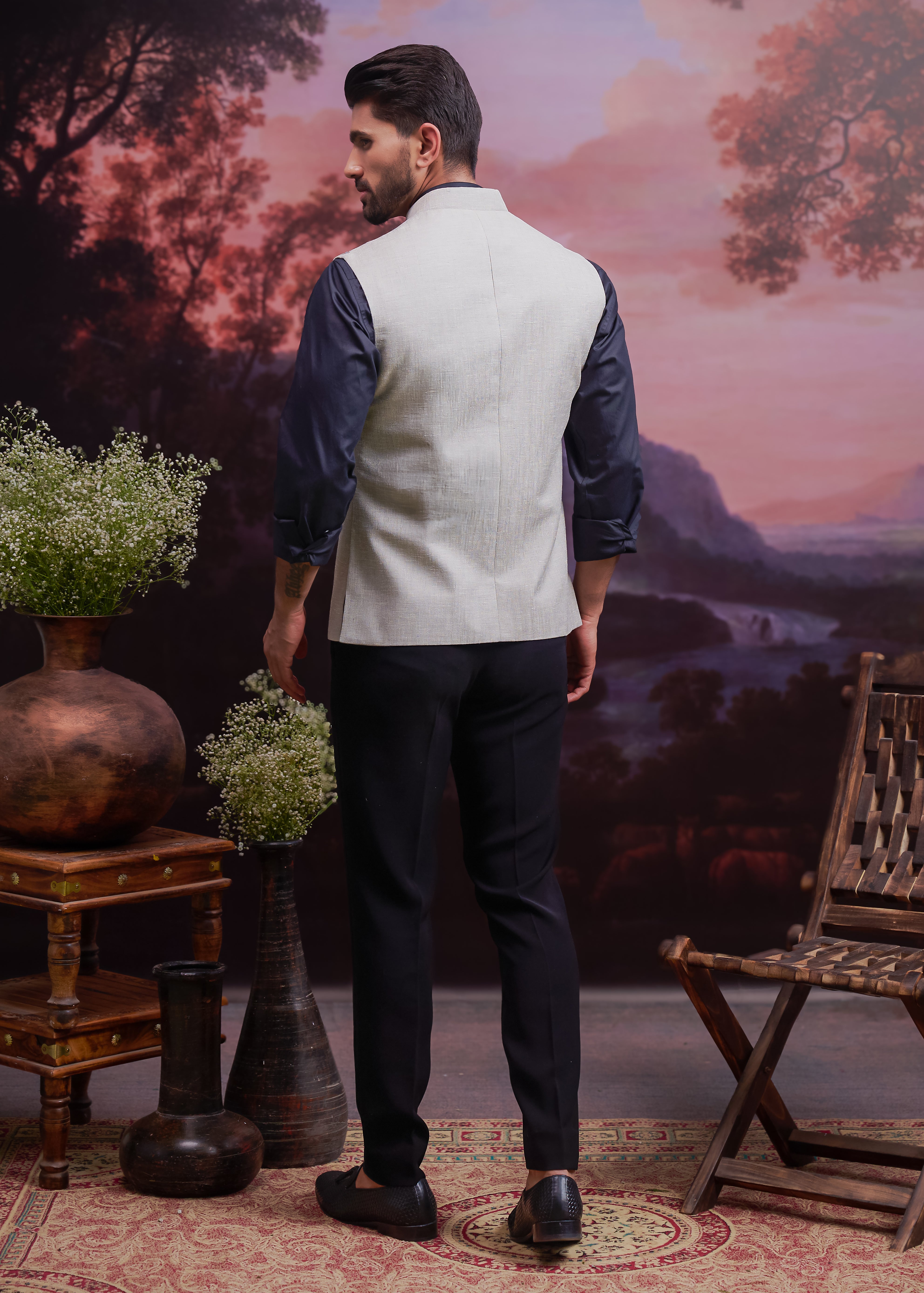 Grey Nehru Jacket with Hand Embroidered Motif