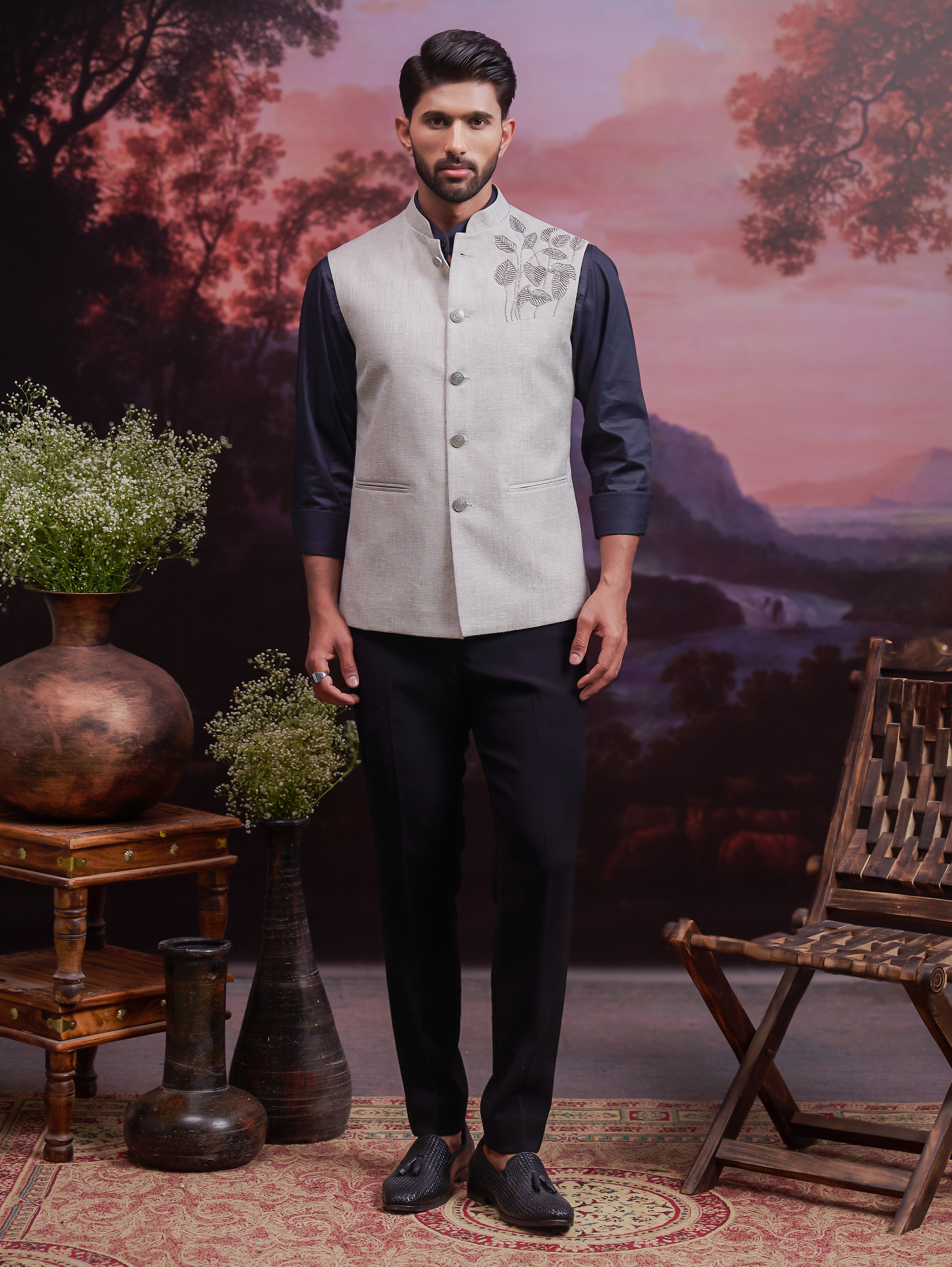 Grey Nehru Jacket with Hand Embroidered Motif
