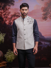 Grey Nehru Jacket with Hand Embroidered Motif