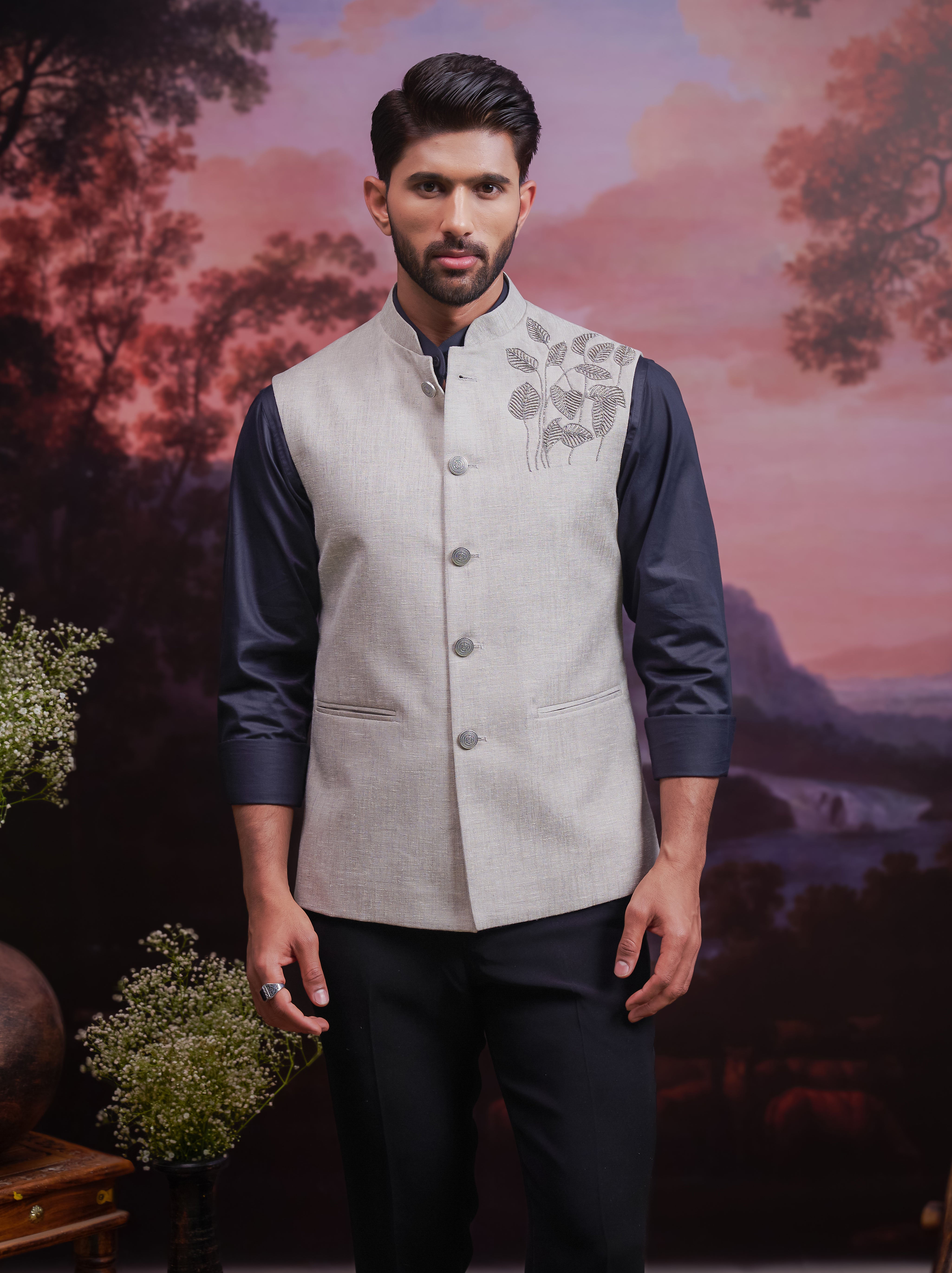 Grey Nehru Jacket with Hand Embroidered Motif