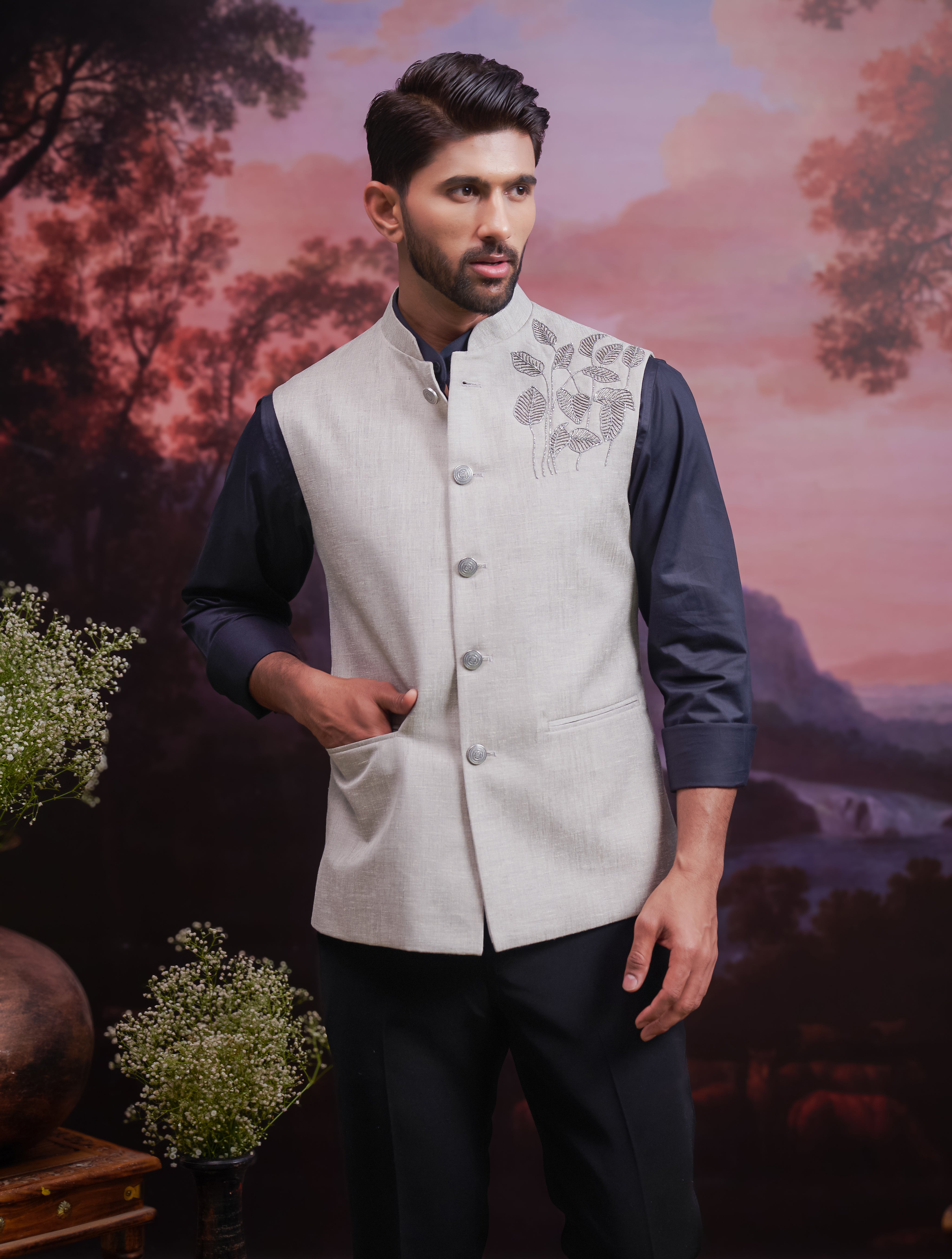 Grey Nehru Jacket with Hand Embroidered Motif
