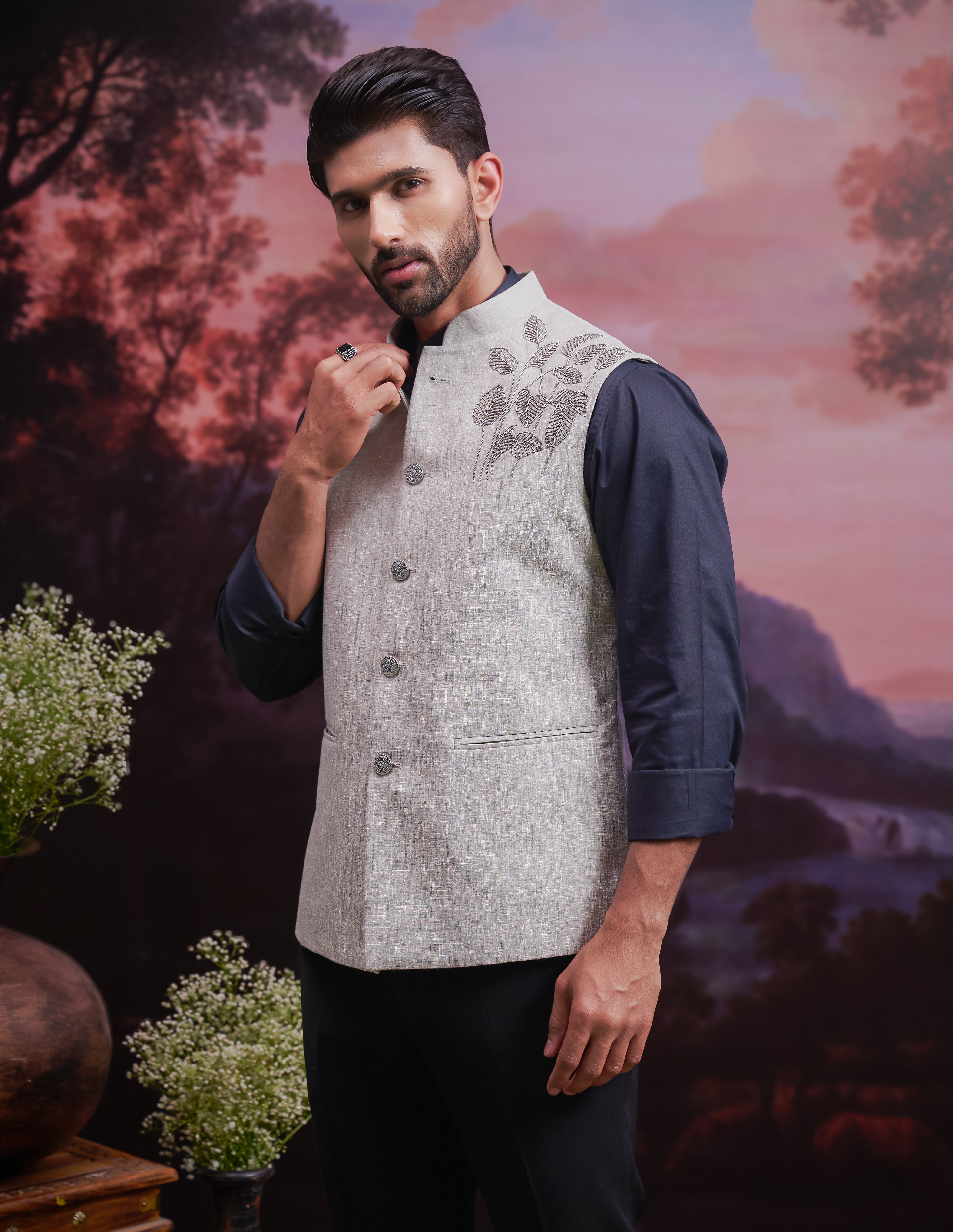 Grey Nehru Jacket with Hand Embroidered Motif