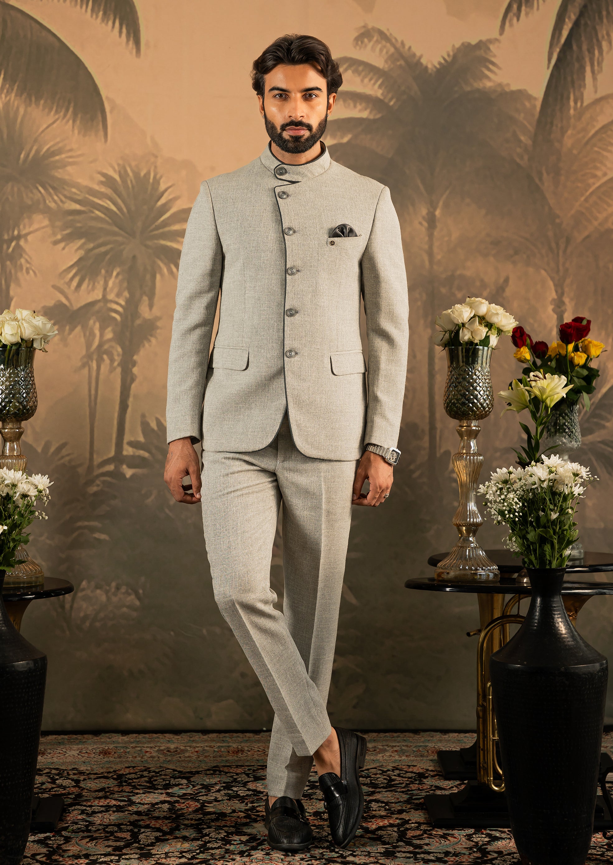 Men's Grey Designer Bandhgala Suit - Luxury Indian Attire

