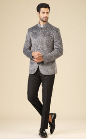 Men's Grey Printed Velvet Bandhgala - Luxury Indian Attire

