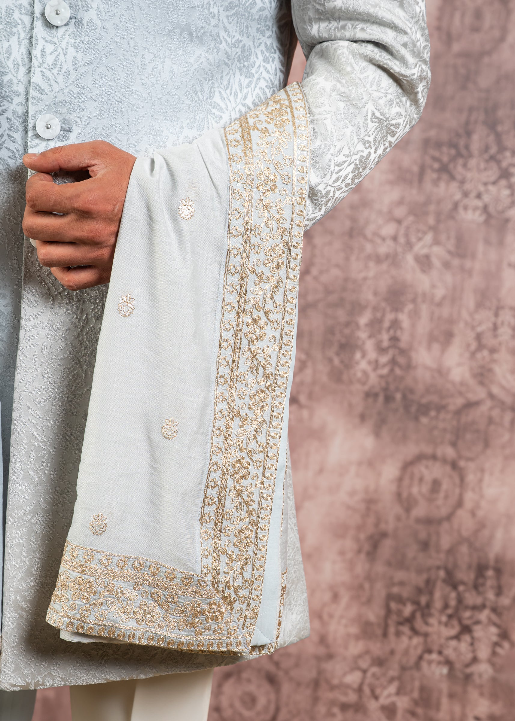 Grey jacquard indowestern with stole