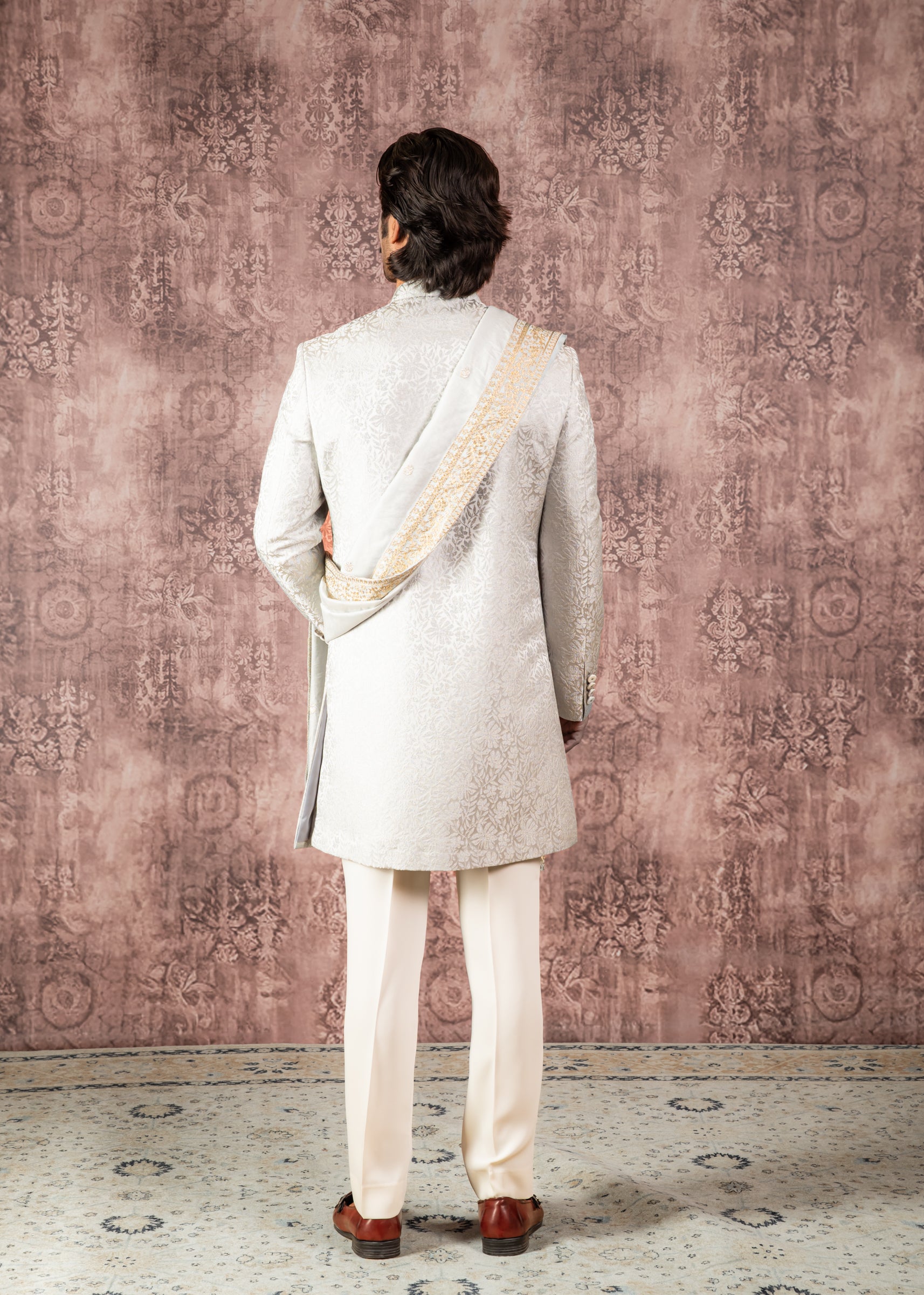 Grey jacquard indowestern with stole