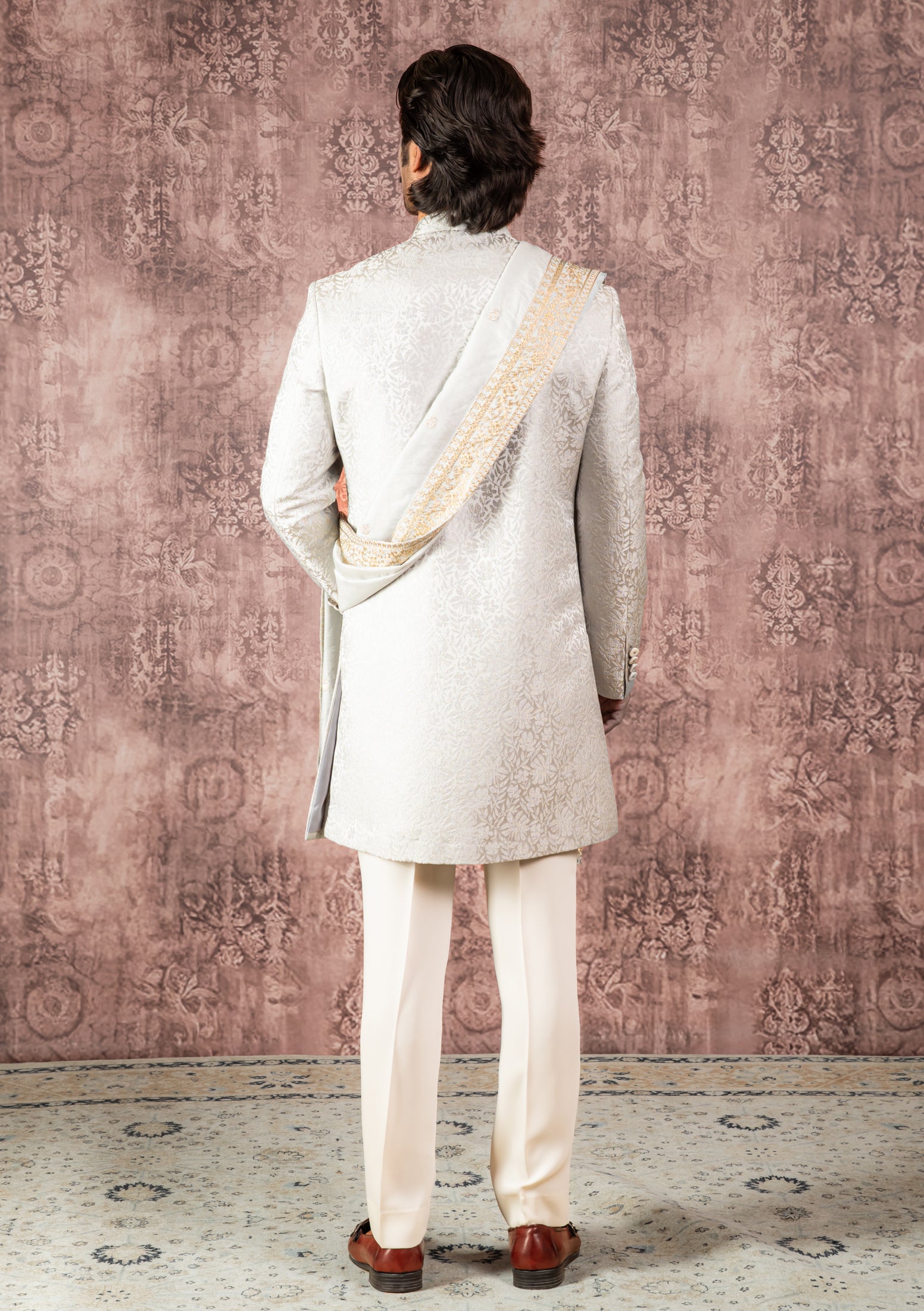 Grey jacquard indowestern with stole
